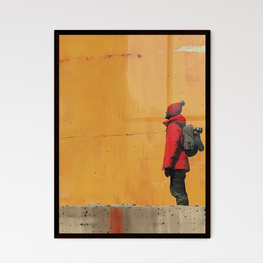 A TRENDY young person records voice - Art print of a person in a red coat and hat with a camera Default Title