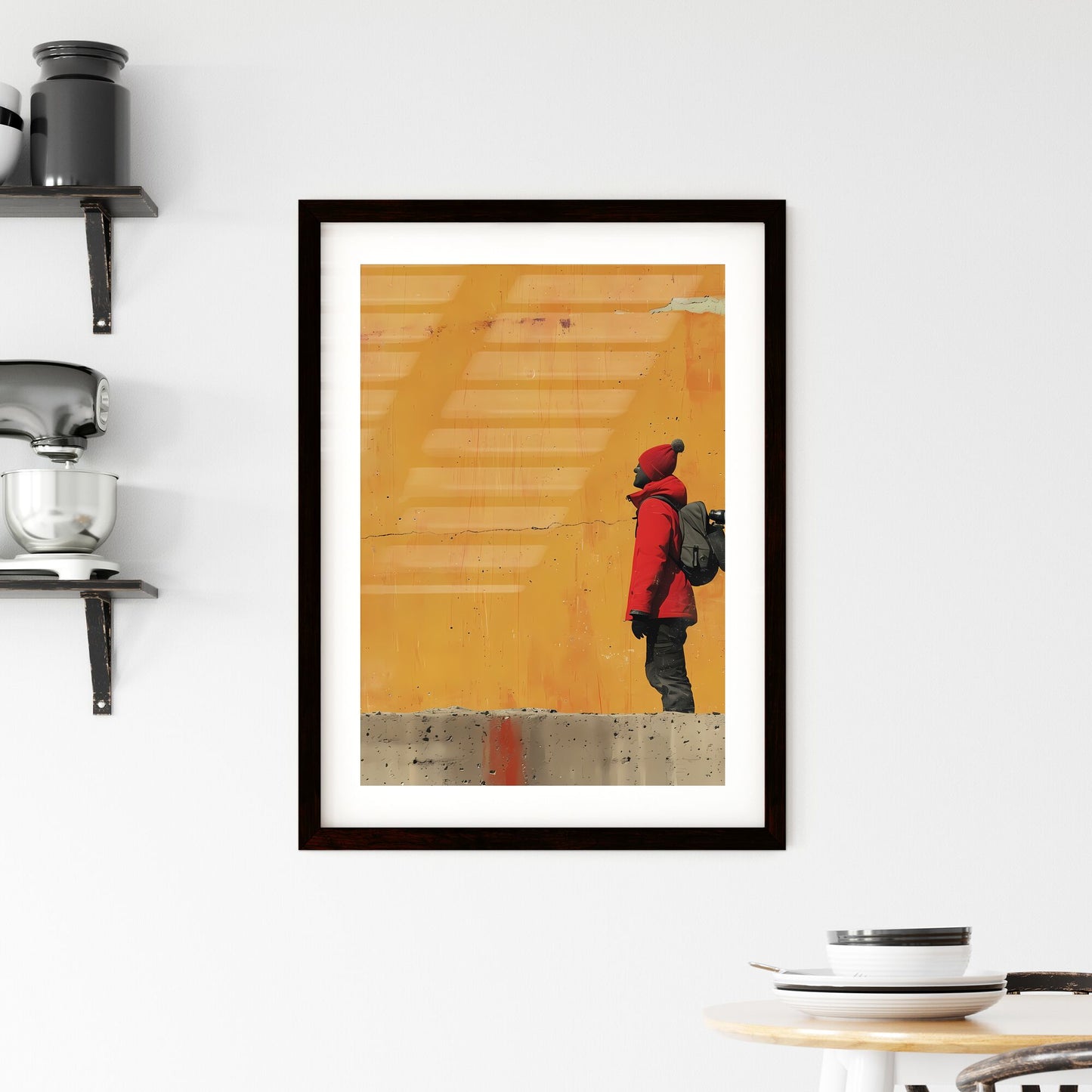 A TRENDY young person records voice - Art print of a person in a red coat and hat with a camera Default Title