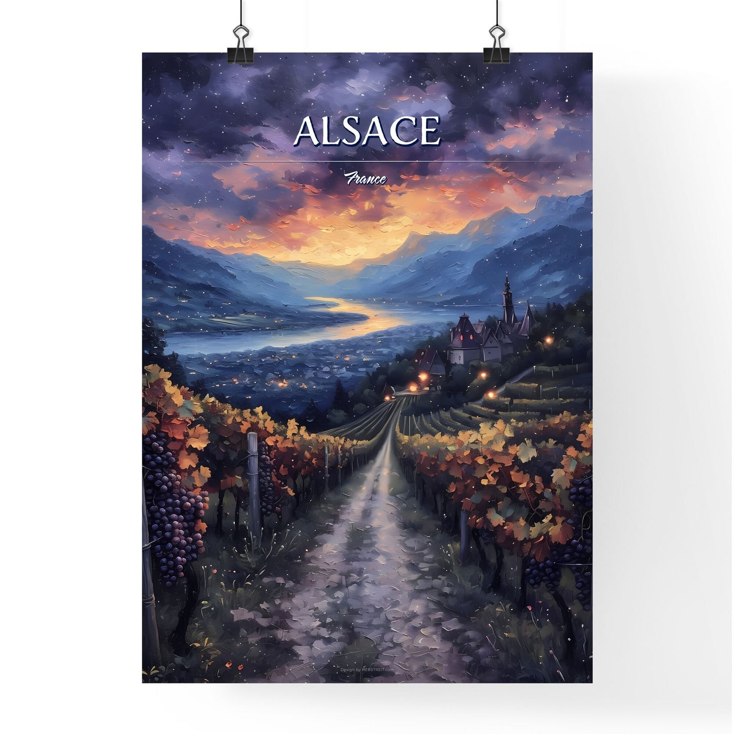 Alsace, France - Art print of a painting of a vineyard with a town in the background Default Title