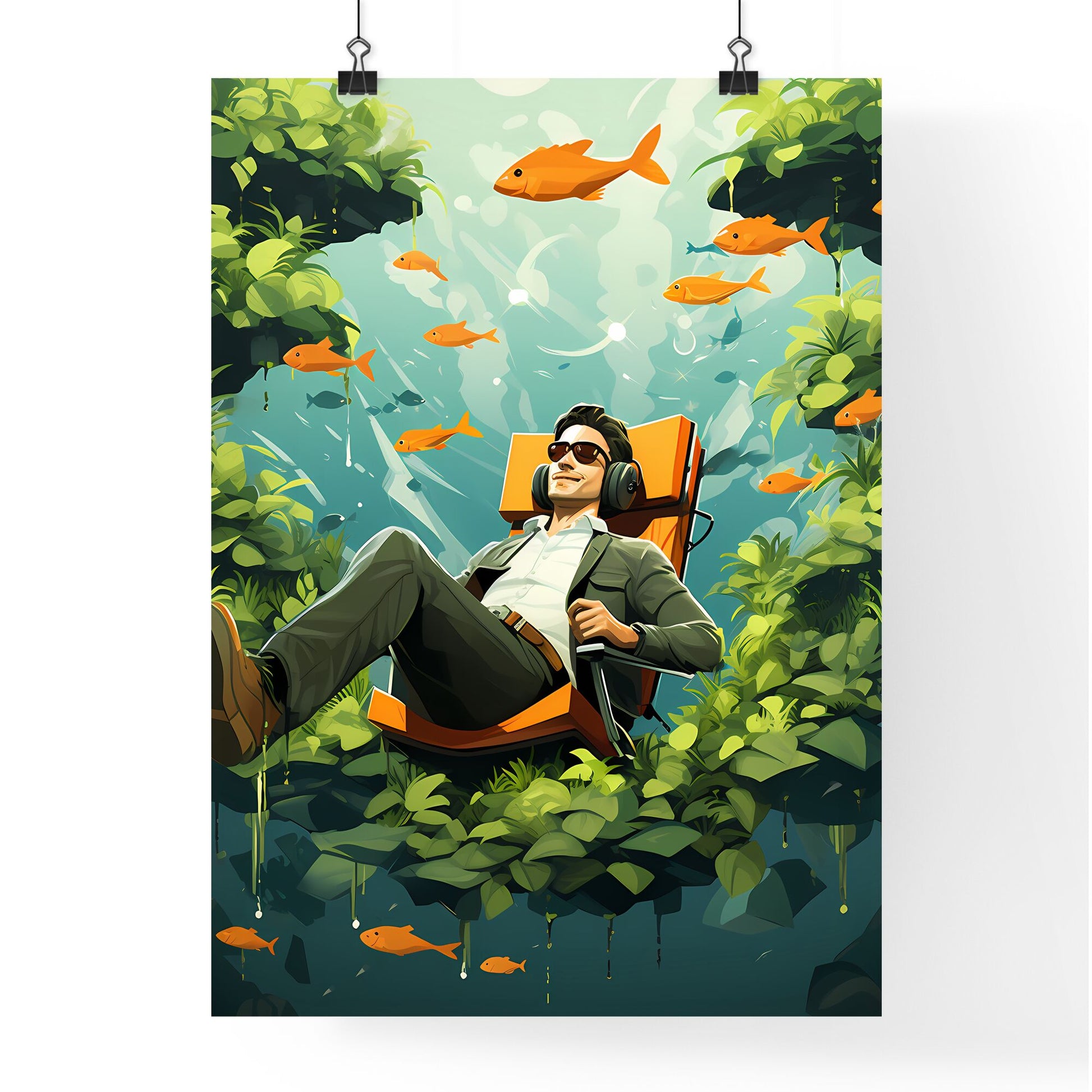 Today, your inner voice is louder and clearer - Art print of a man sitting in a chair surrounded by plants and goldfish Default Title