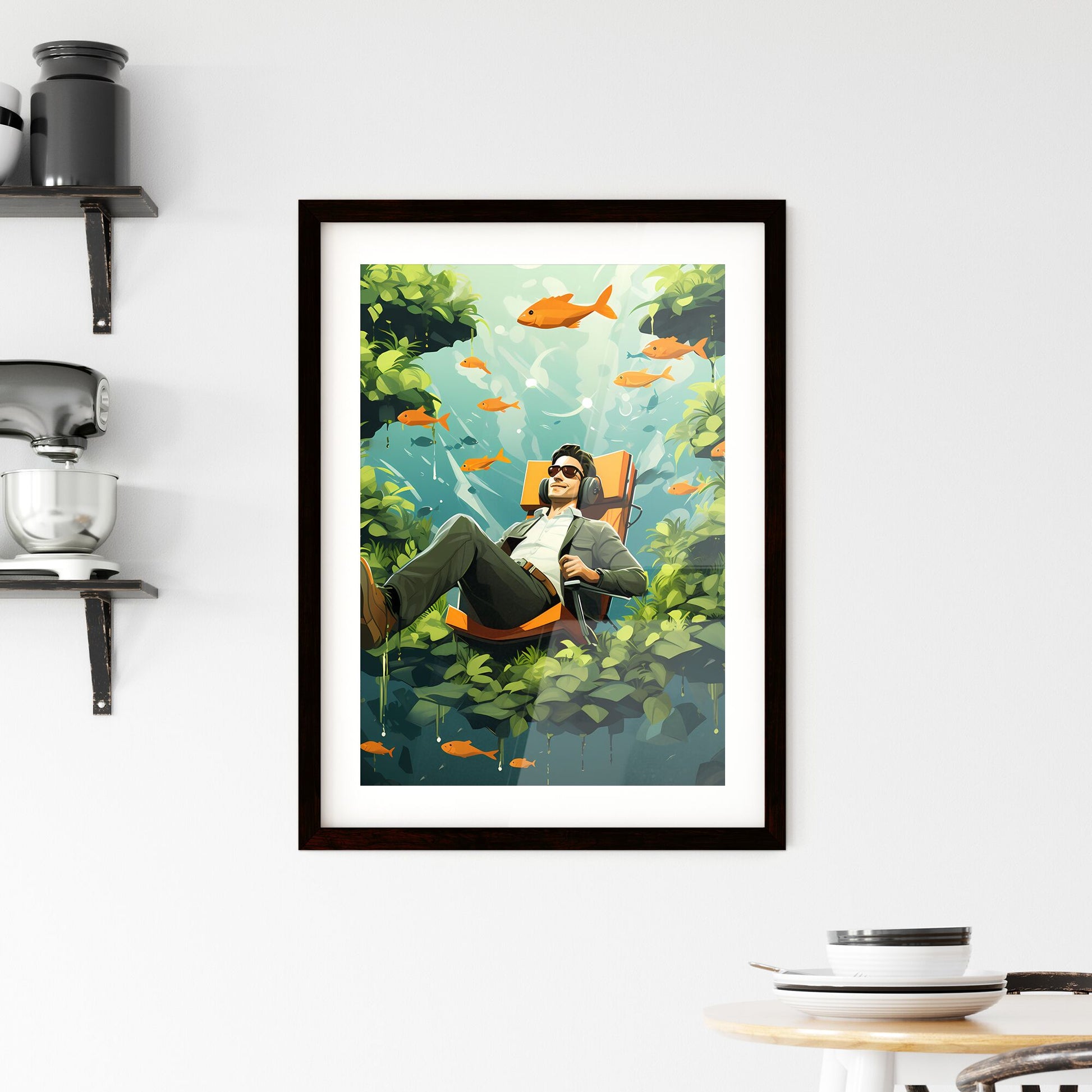 Today, your inner voice is louder and clearer - Art print of a man sitting in a chair surrounded by plants and goldfish Default Title