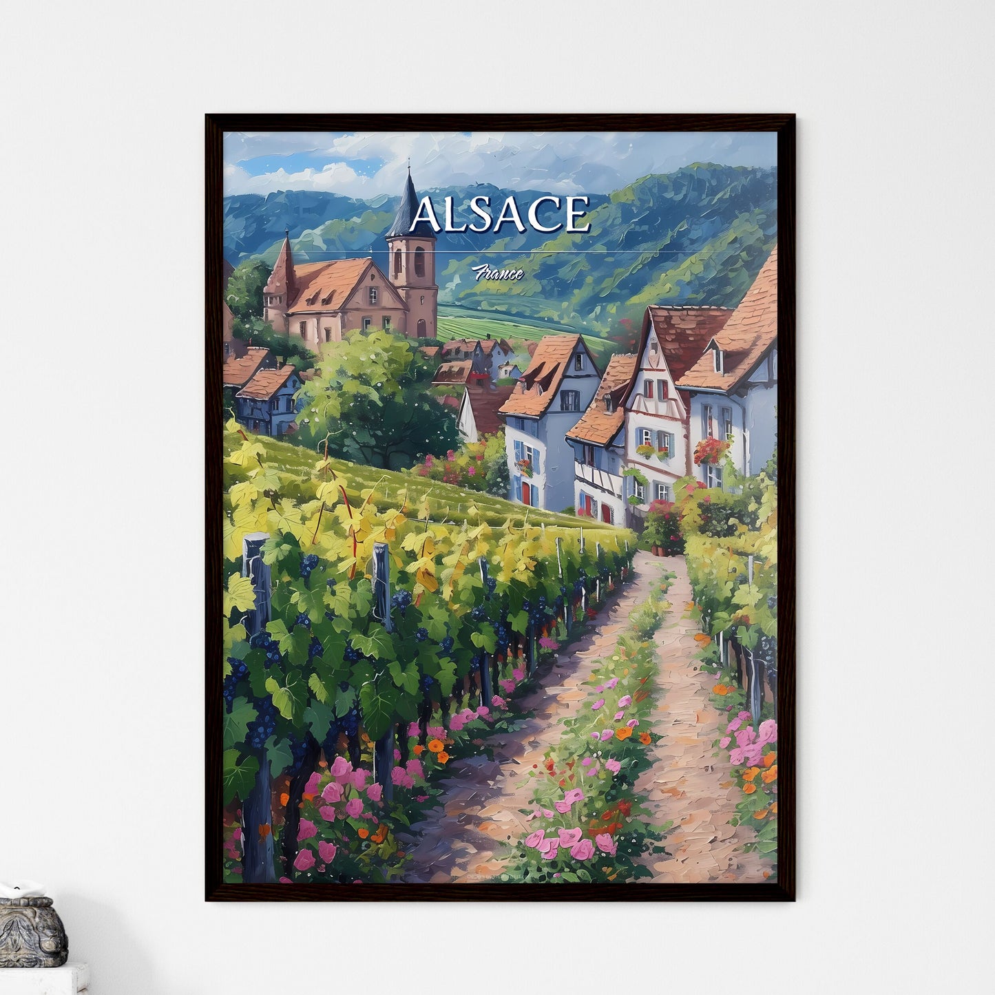 Alsace, France - Art print of a painting of a vineyard with buildings and mountains in the background Default Title