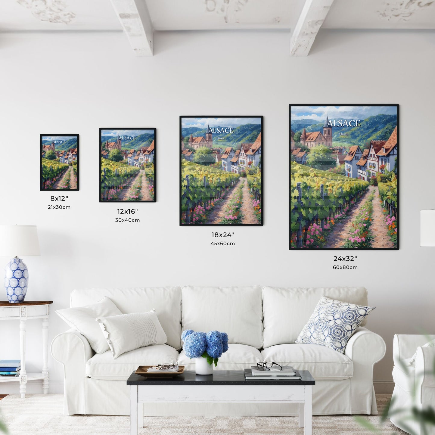 Alsace, France - Art print of a painting of a vineyard with buildings and mountains in the background Default Title