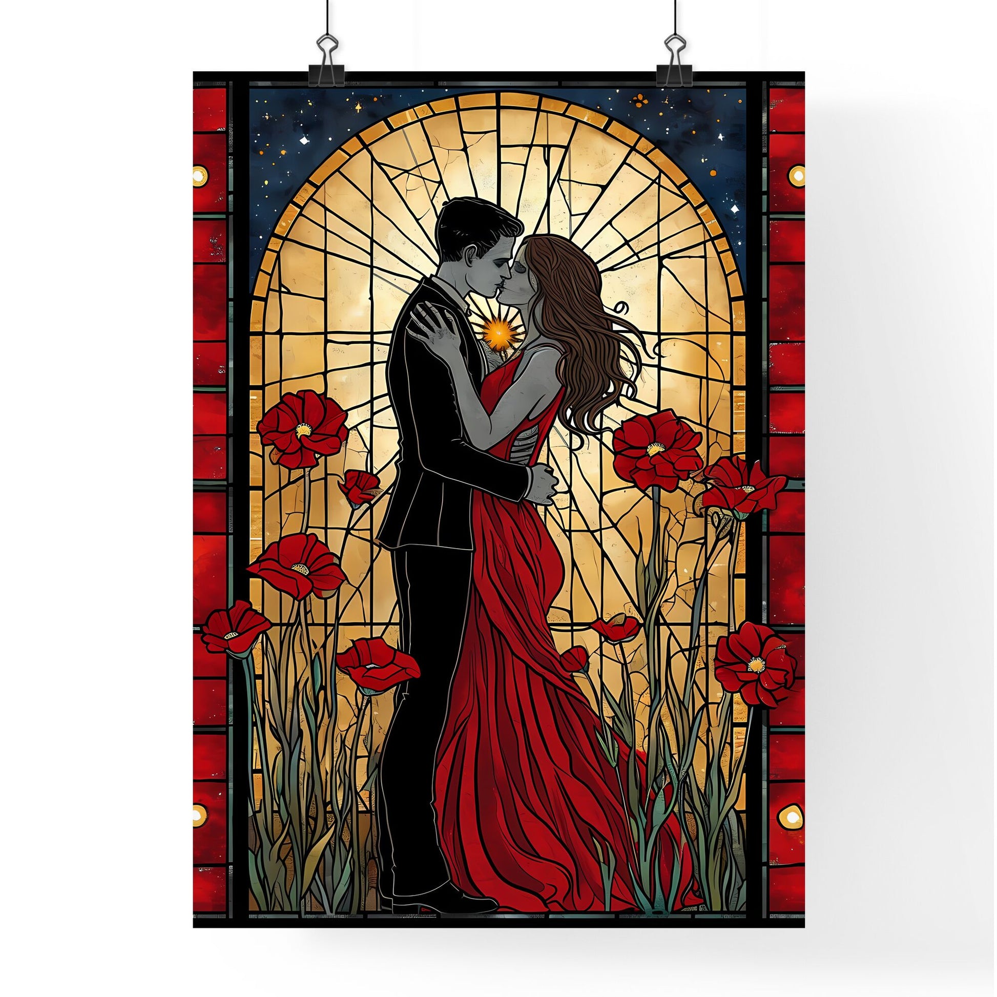 A skeleton slow dances with a beautiful - Art print of a man and woman in a red dress hugging in front of a stained glass window Default Title