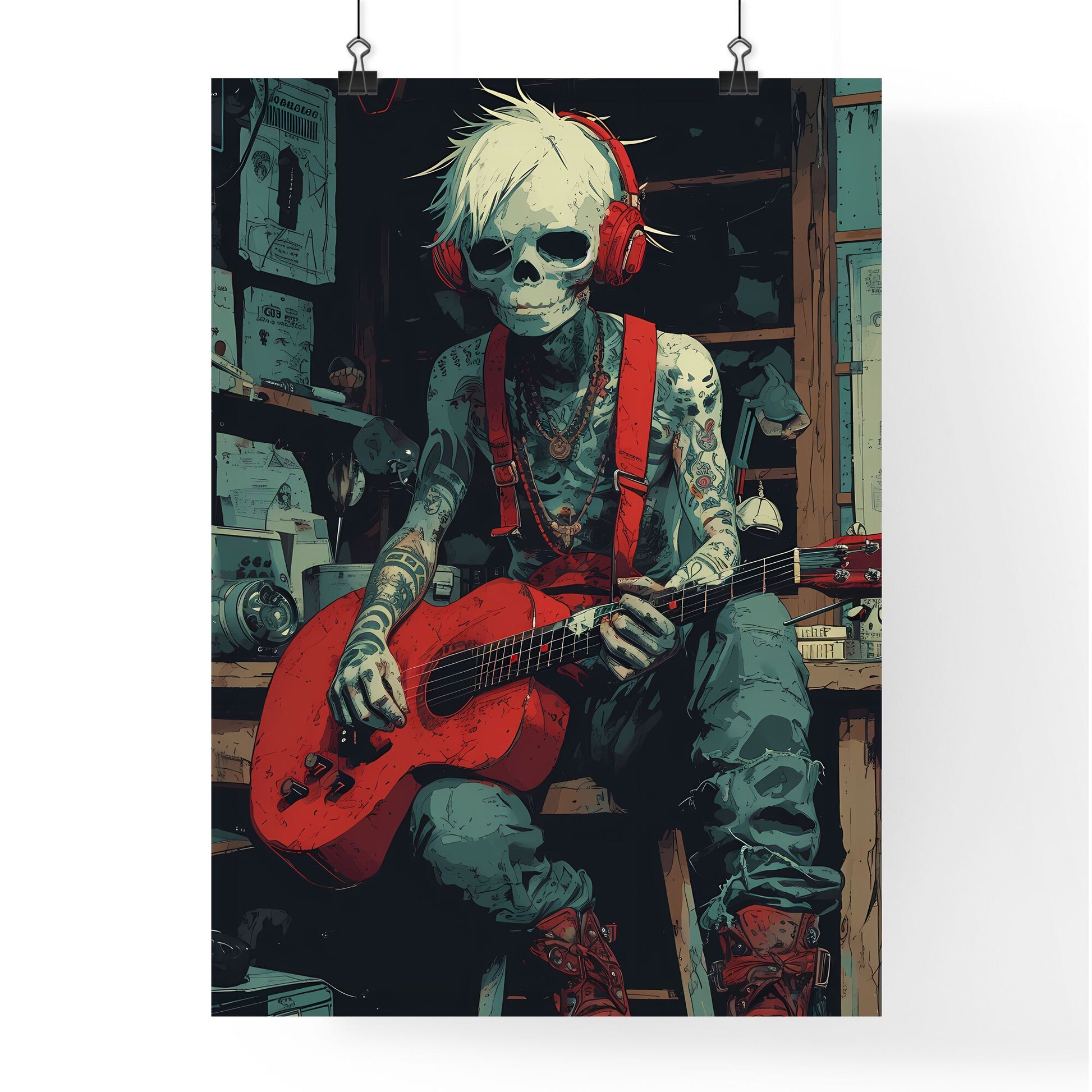 A trendy rocker guy with a pelican case - Art print of a person with skull face and white hair sitting on a desk playing a guitar Default Title