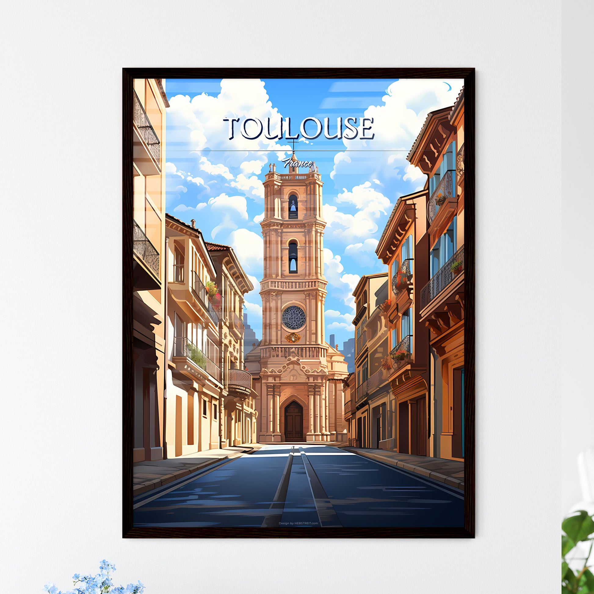 Toulouse, France - Art print of a street with a clock tower in the middle of it Framed Art