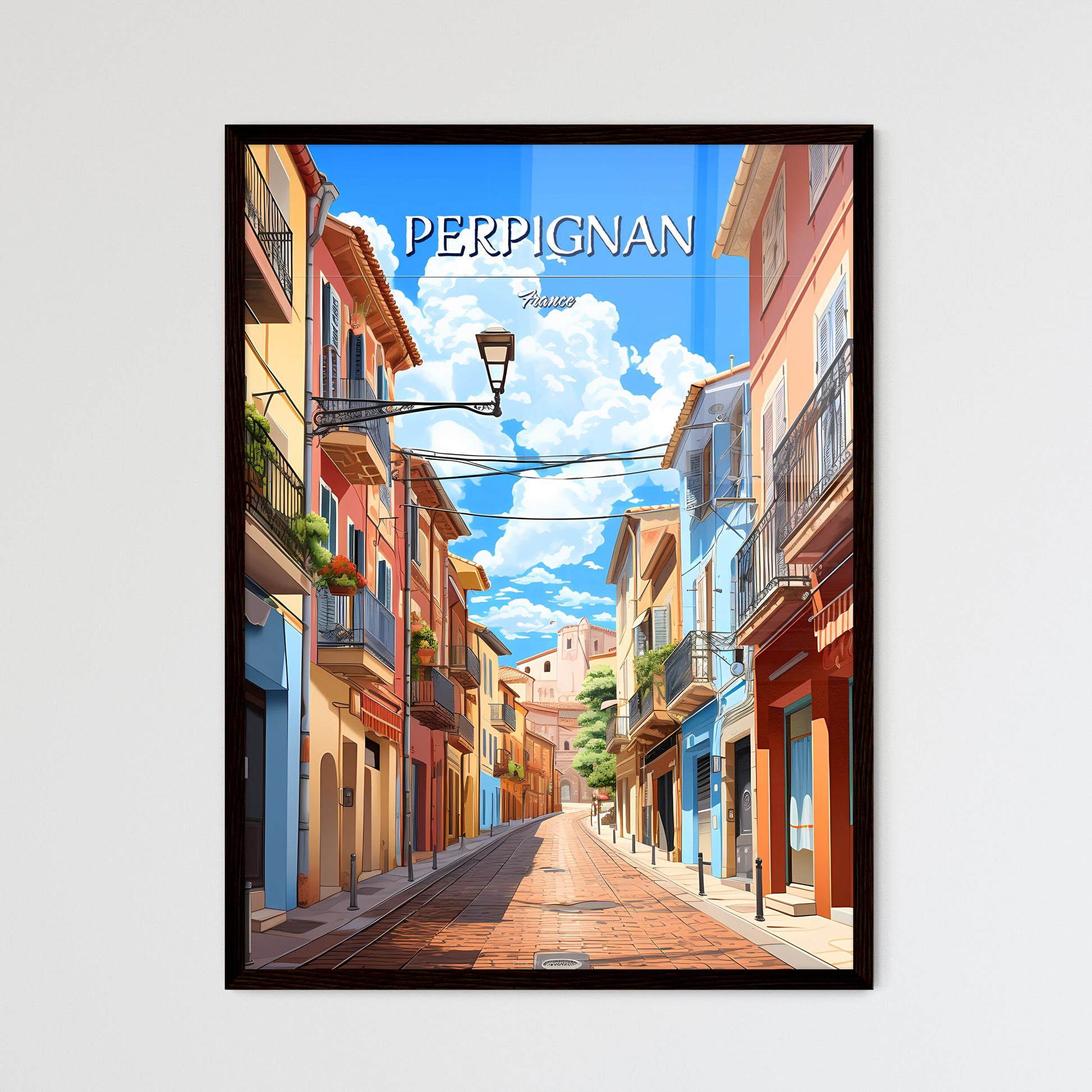 Perpignan, France - Art print of a street with colorful buildings and a street lamp Framed Art