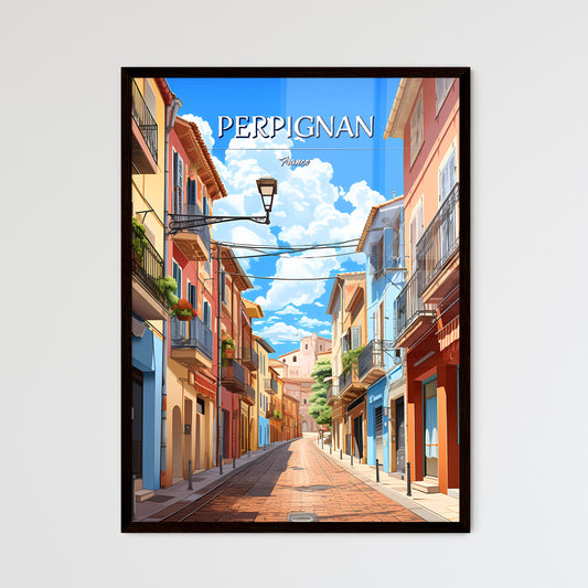 Perpignan, France - Art print of a street with colorful buildings and a street lamp Framed Art