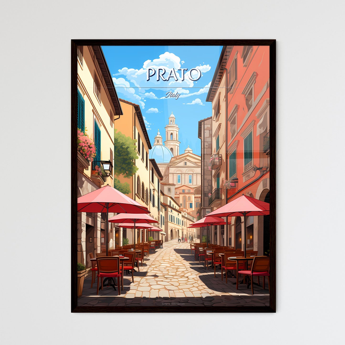 Prato, Italy - Art print of a street with tables and umbrellas Framed Art