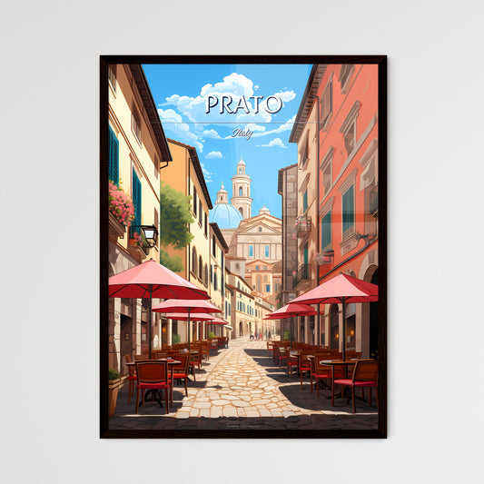 Prato, Italy - Art print of a street with tables and umbrellas Framed Art