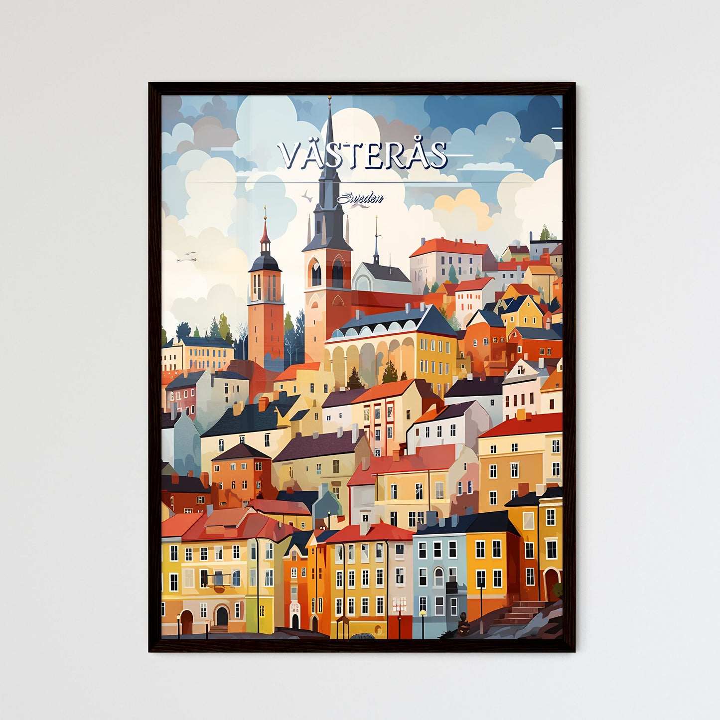 Västerås, Sweden, - Art print of a colorful cityscape with a steeple Framed Art