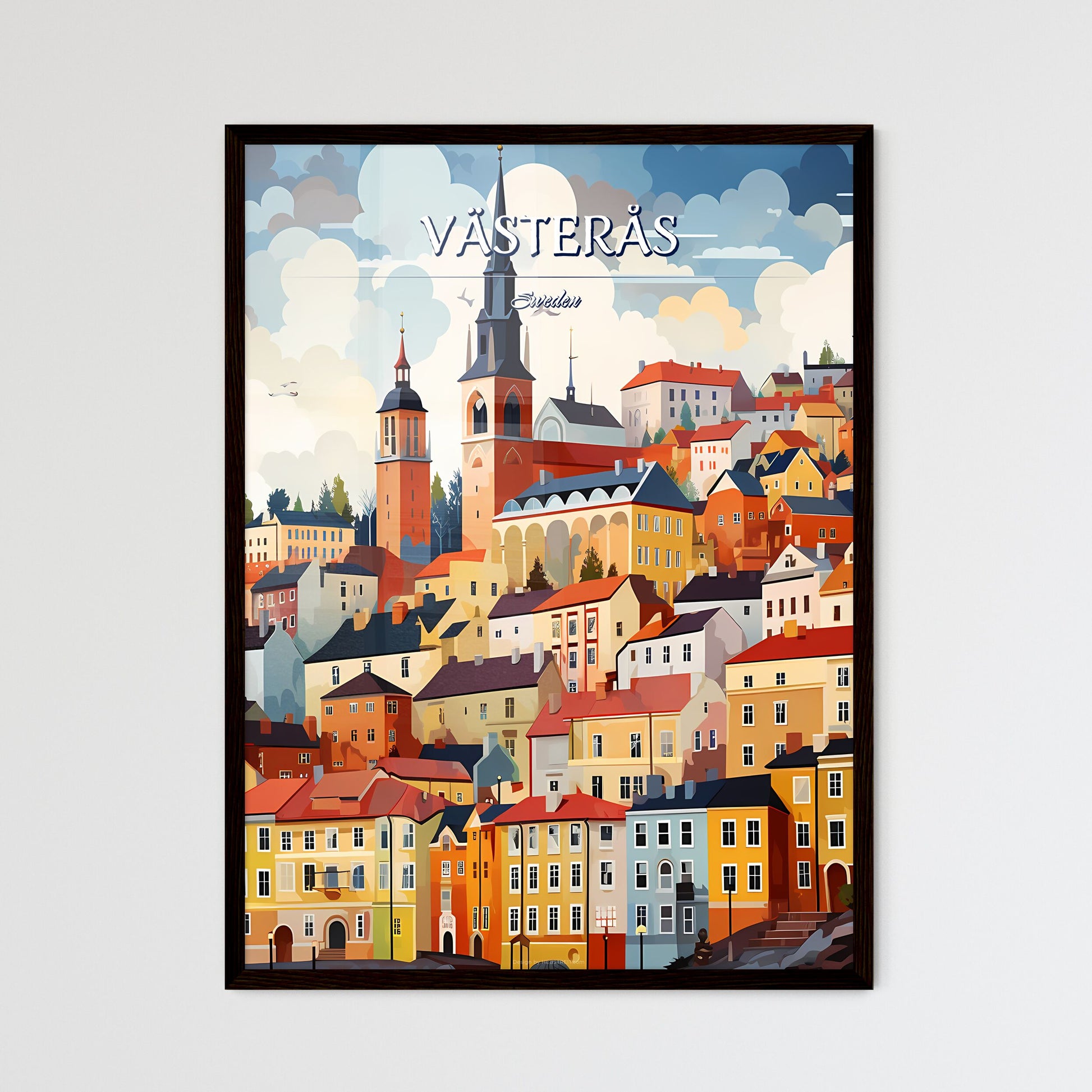 Västerås, Sweden, - Art print of a colorful cityscape with a steeple Framed Art