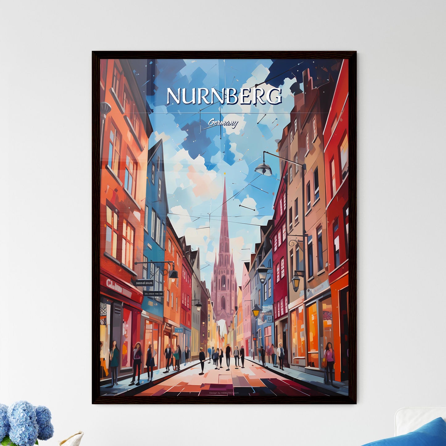 Nurnberg, Germany - Art print of a street with people walking on it Framed Art