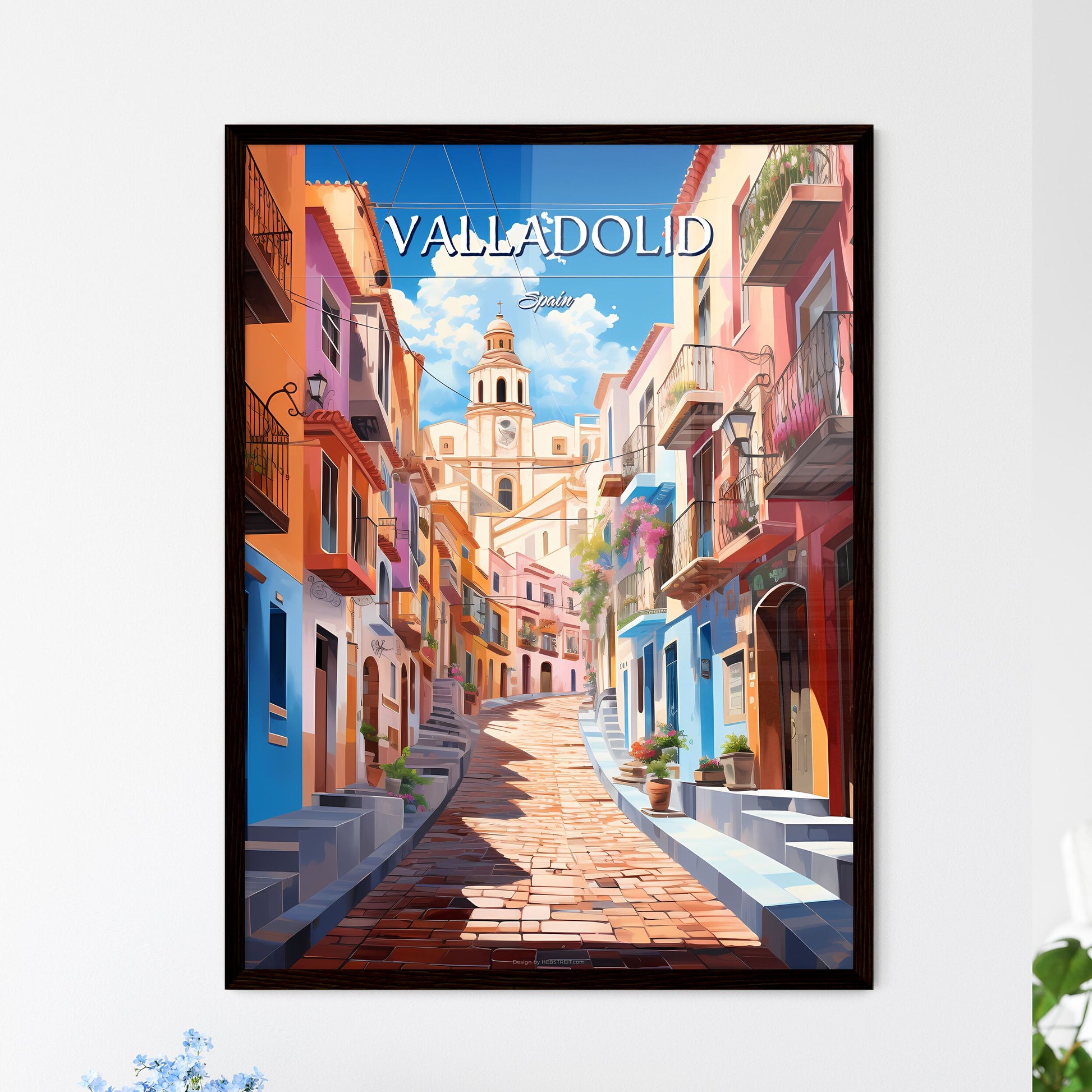 Valladolid, Spain - Art print of a colorful street with buildings and stairs Framed Art