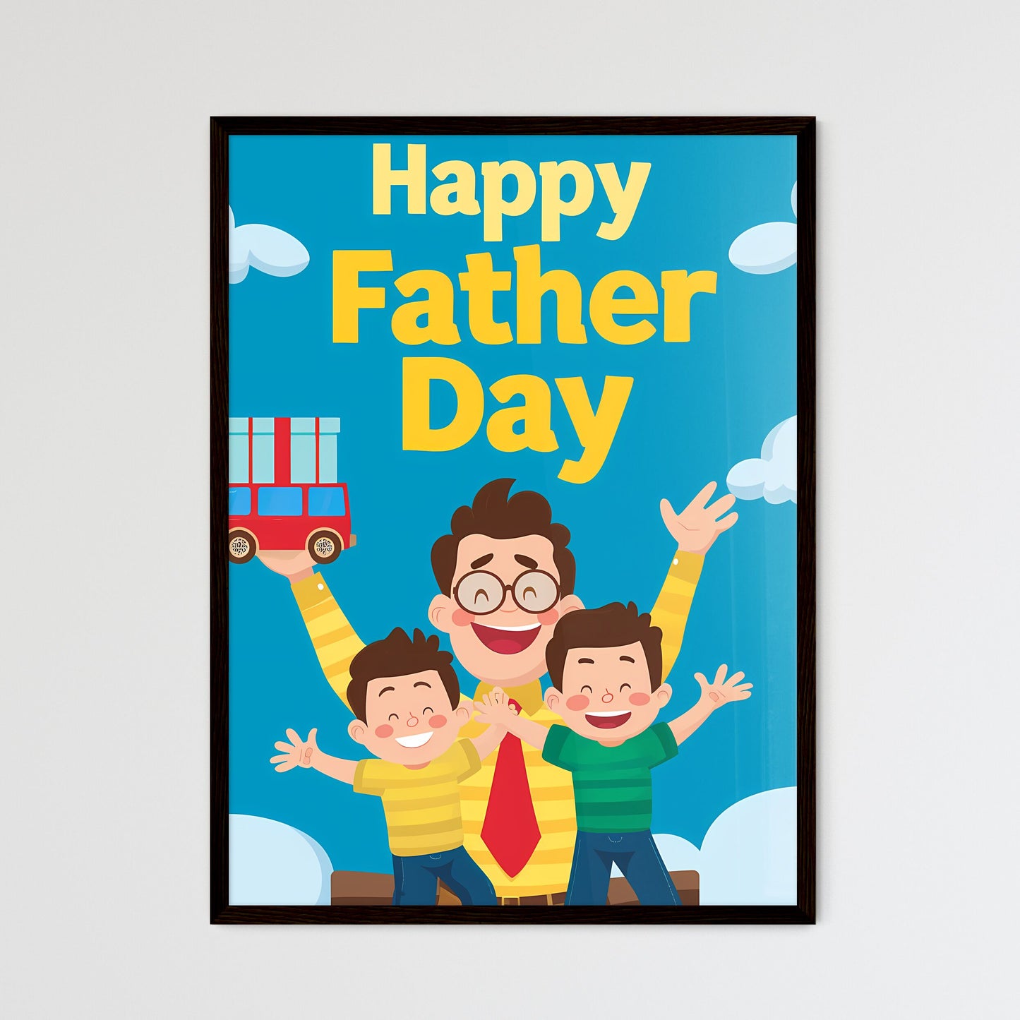 Fathers Day poster,warming feeling,Touching,with text : Happy Fatherâ€™s Day - Art print of a man and two boys holding up their hands Default Title