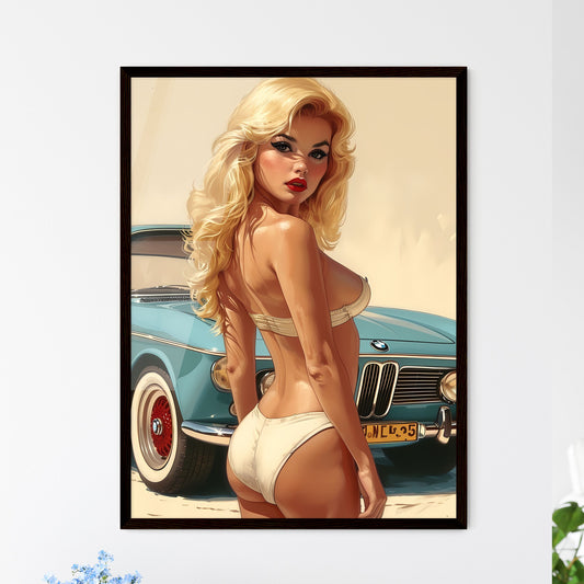 Illustration of a beautiful pin up model full body - Art print of a woman in a garment next to a car Default Title