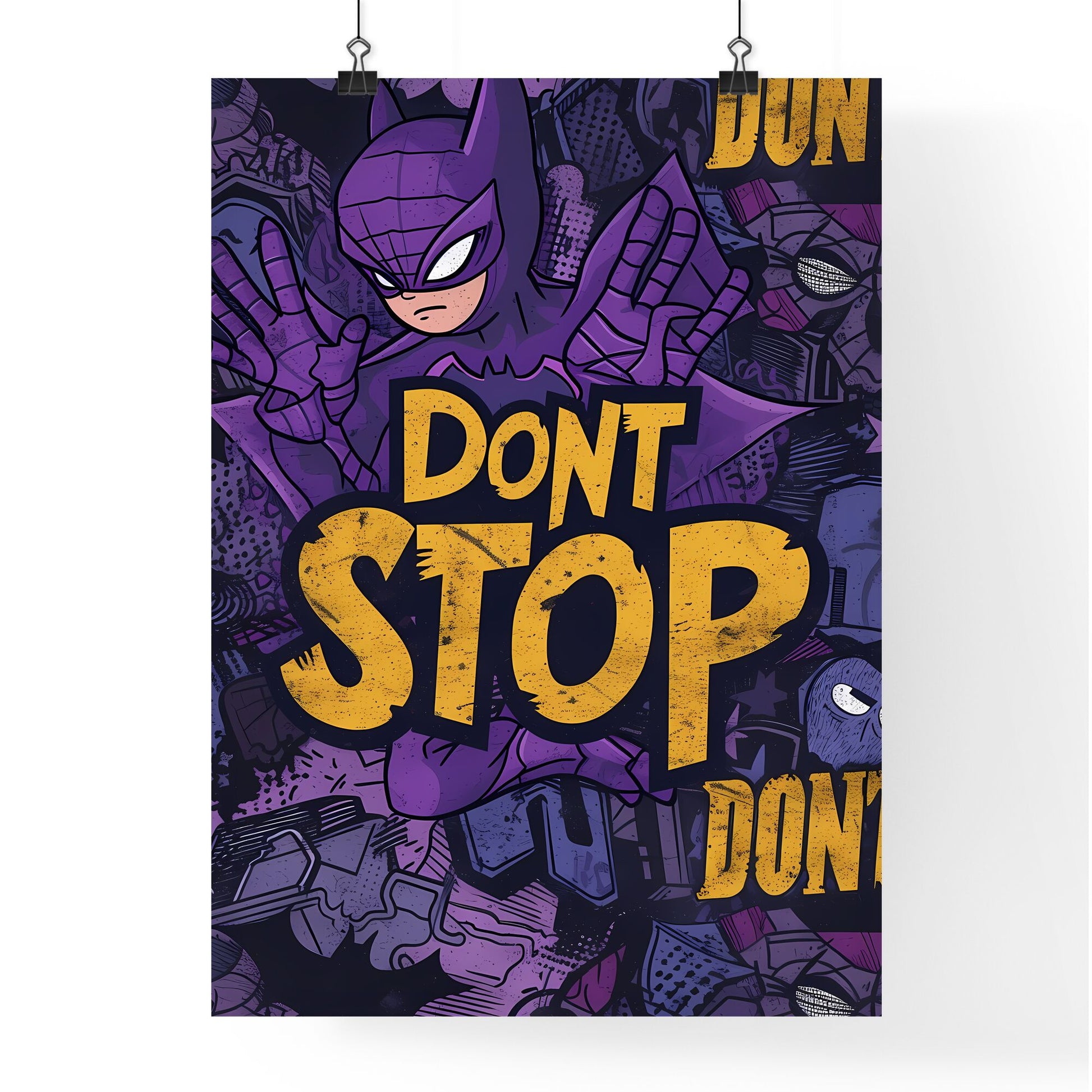 Repeated pattern of the word DONT STOP in hand-writting graffiti-style - Art print of a purple and yellow poster with a cartoon character Default Title