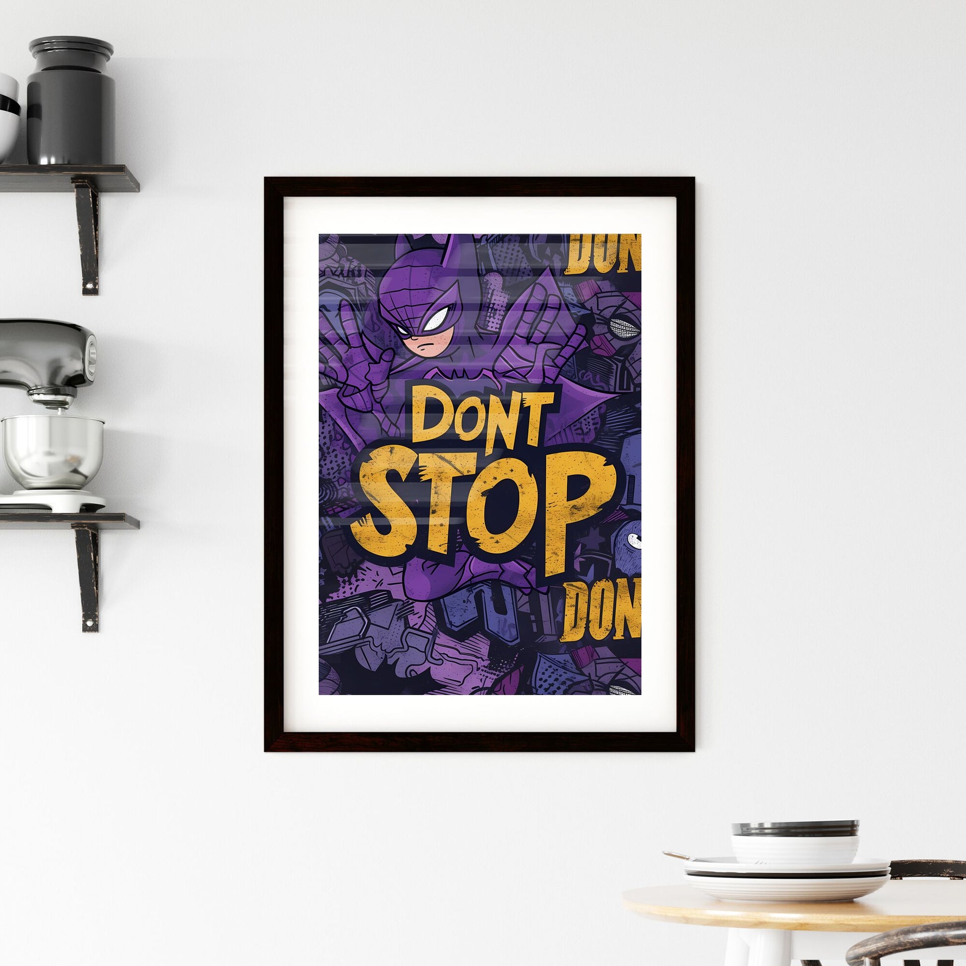 Repeated pattern of the word DONT STOP in hand-writting graffiti-style - Art print of a purple and yellow poster with a cartoon character Default Title