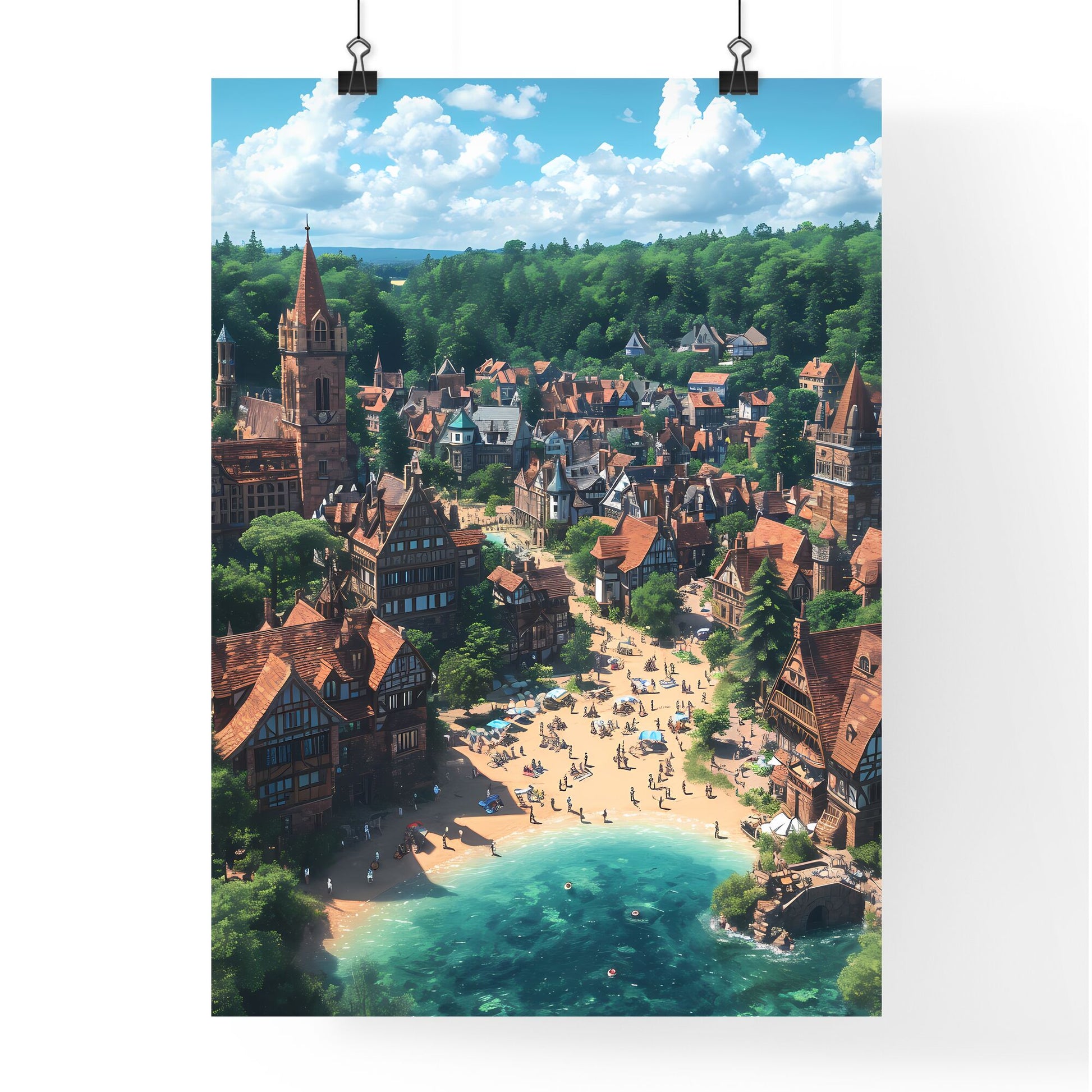 A landscape of the German countryside - Art print of a town with many buildings and a beach Default Title