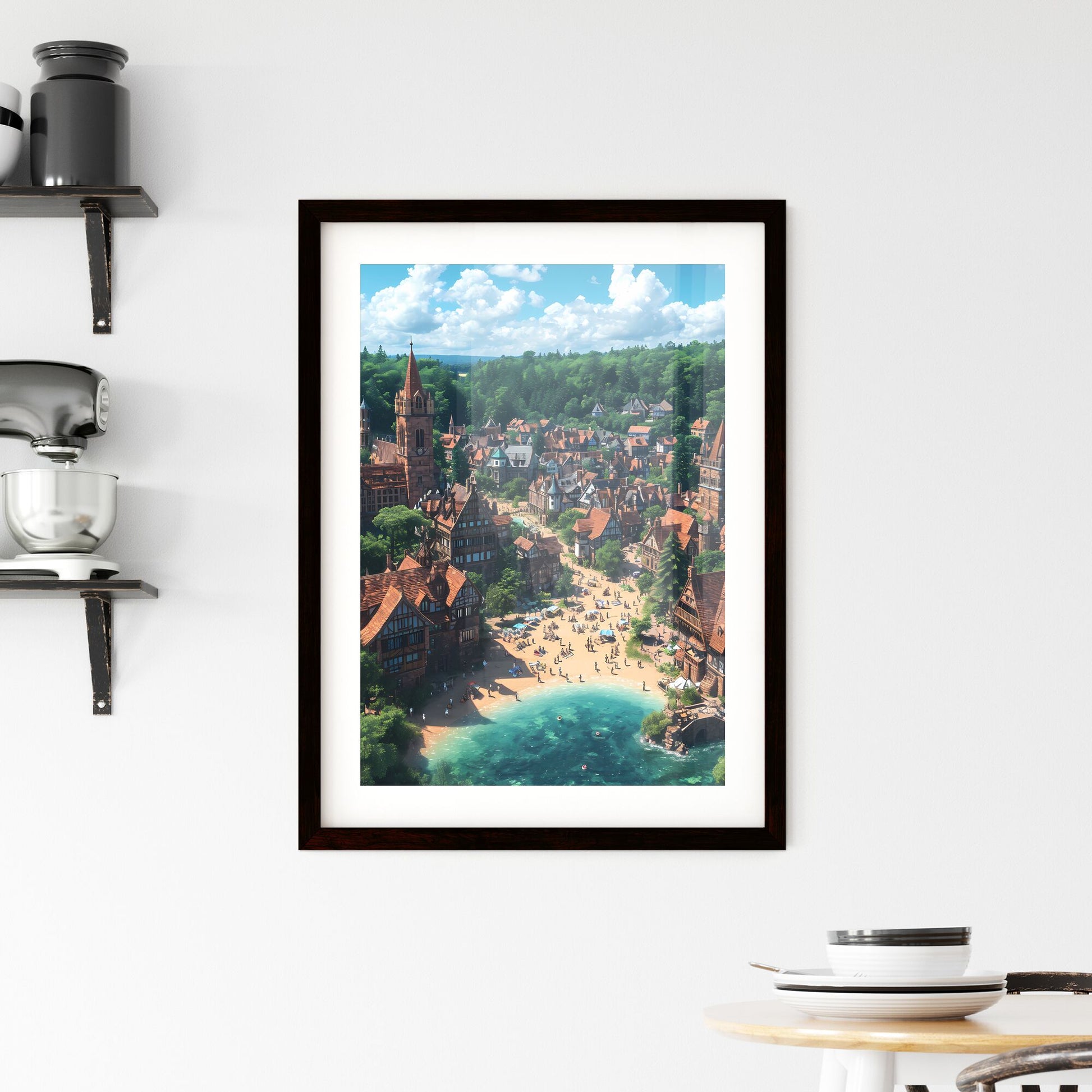 A landscape of the German countryside - Art print of a town with many buildings and a beach Default Title