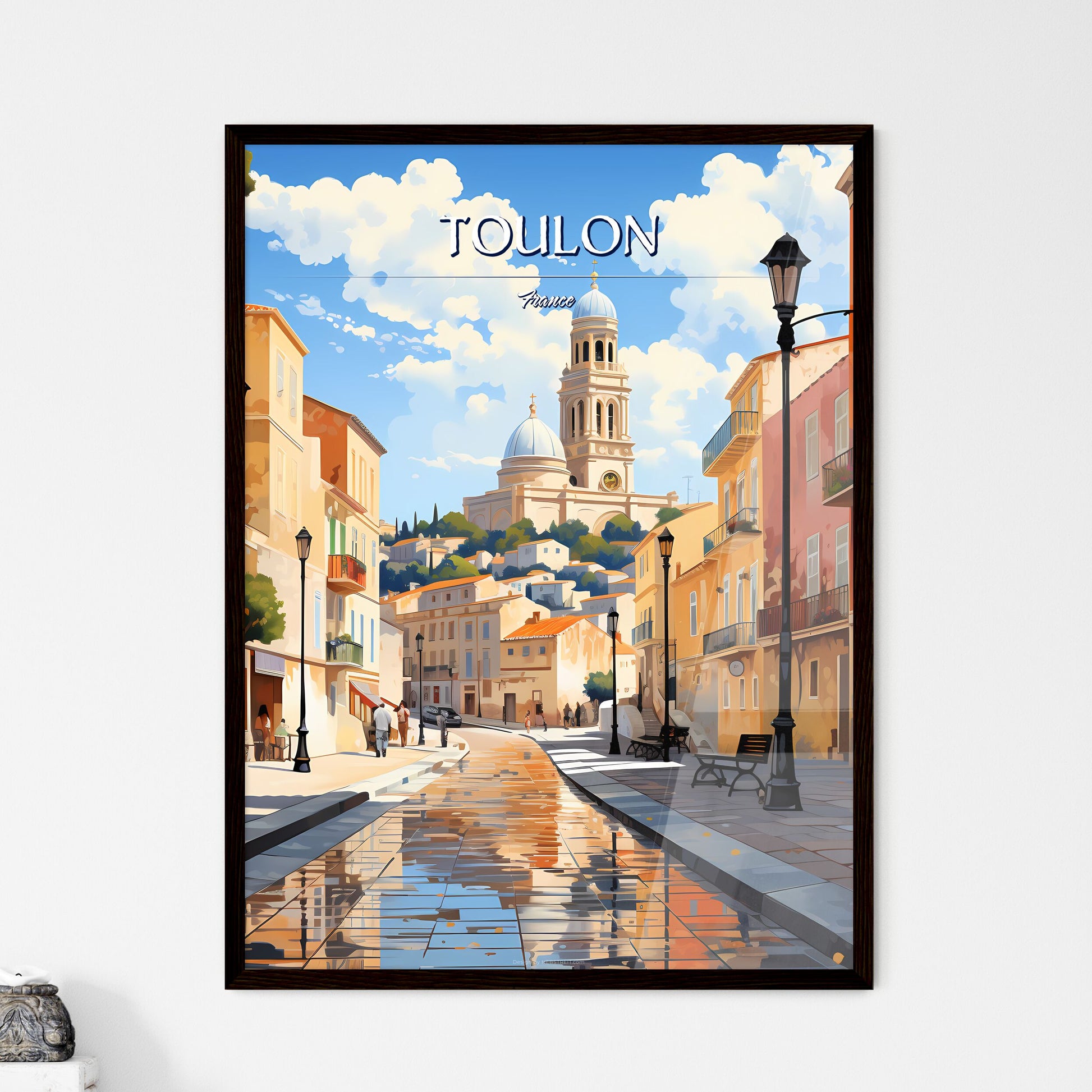 Toulon, France - Art print of a street with buildings and a church in the background Framed Art