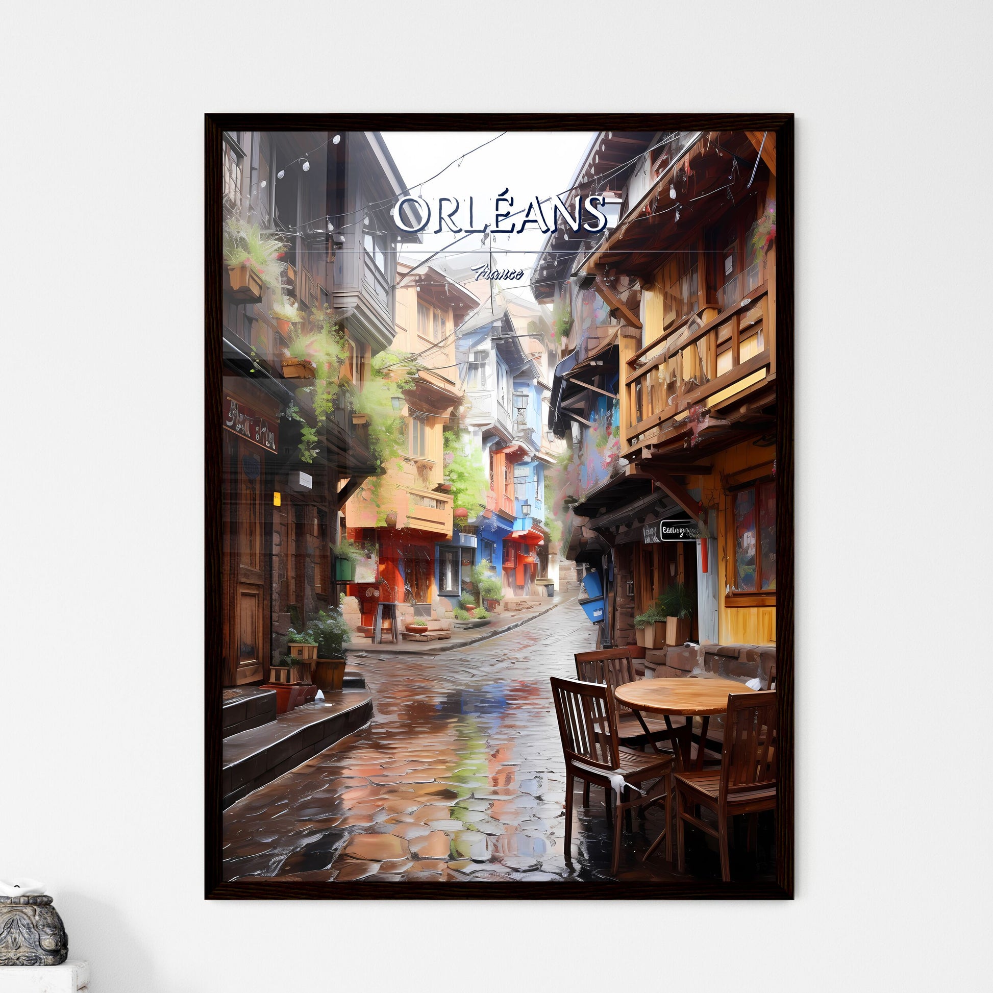 Orléans, France - Art print of a street with tables and chairs in a small town Framed Art