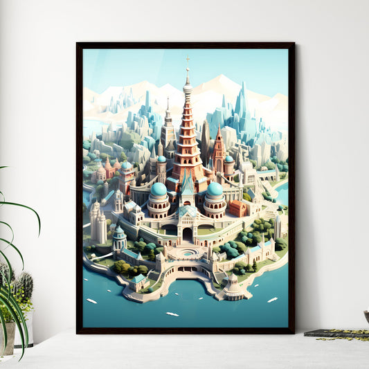 Travel abroad illustration - Art print of a cartoon of a castle on an island Framed Art