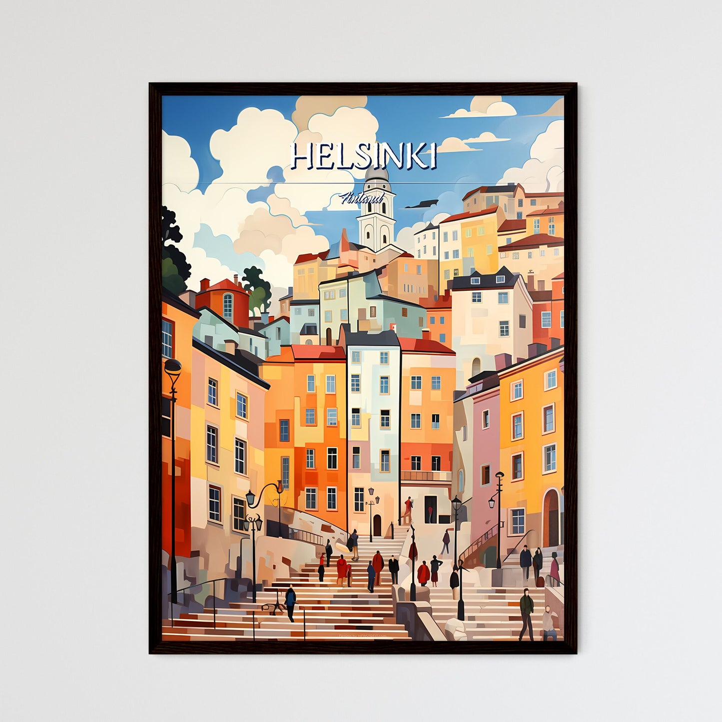 Helsinki, Finland - Art print of a colorful cityscape with people walking up stairs Framed Art