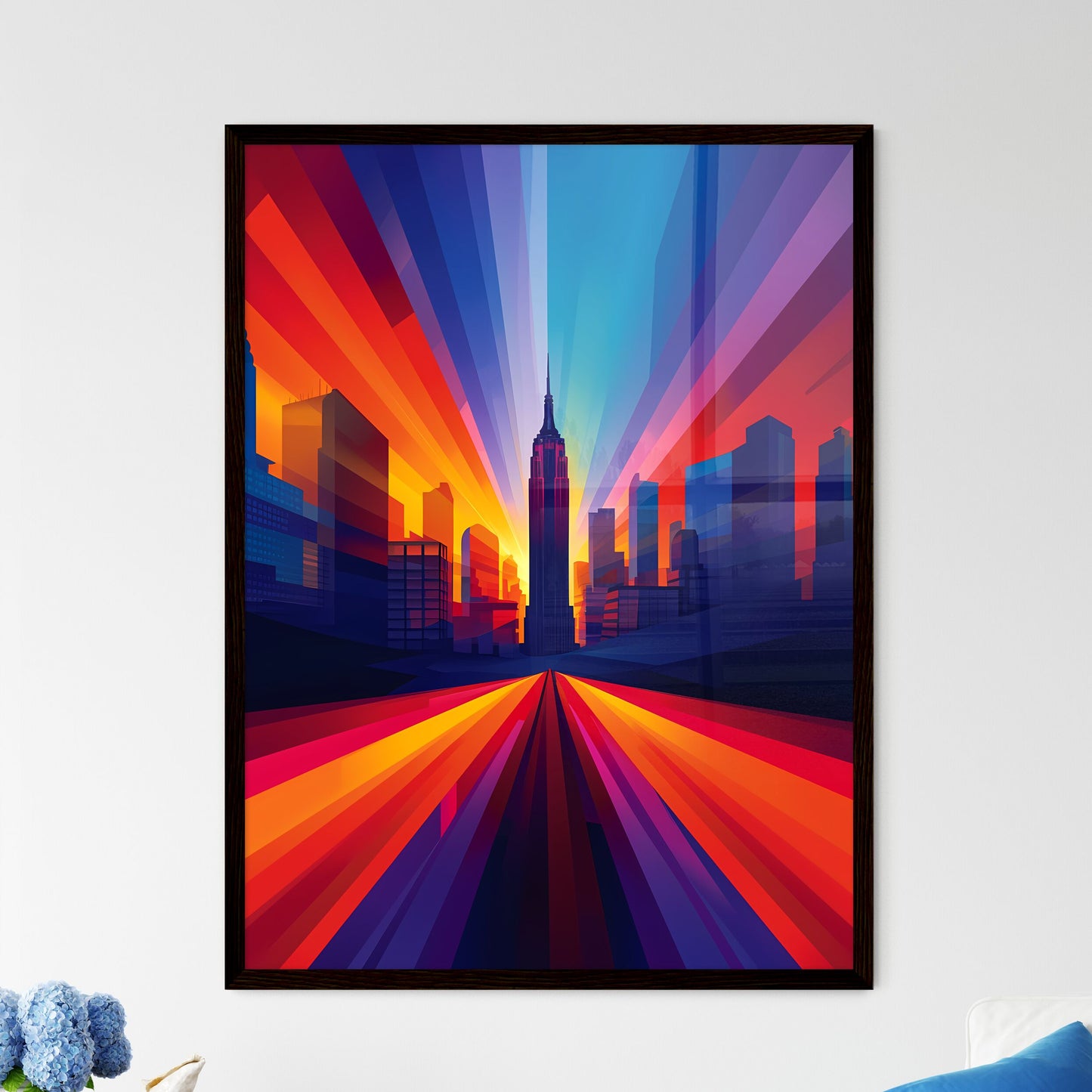 A travel poster of the empire state building - Art print of a colorful cityscape with a tall building Framed Art