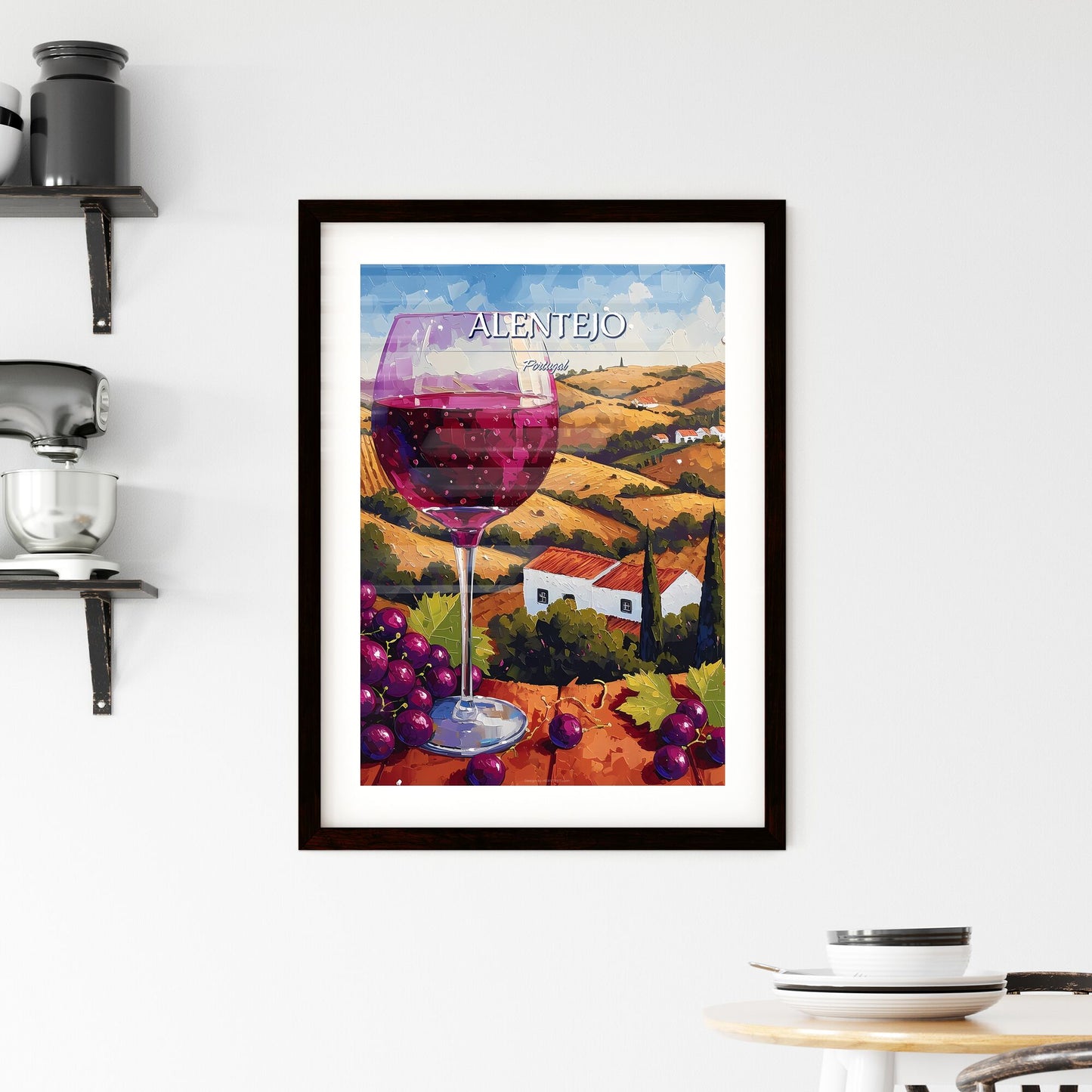 Alentejo, Portugal - Art print of a glass of wine and grapes on a table Default Title