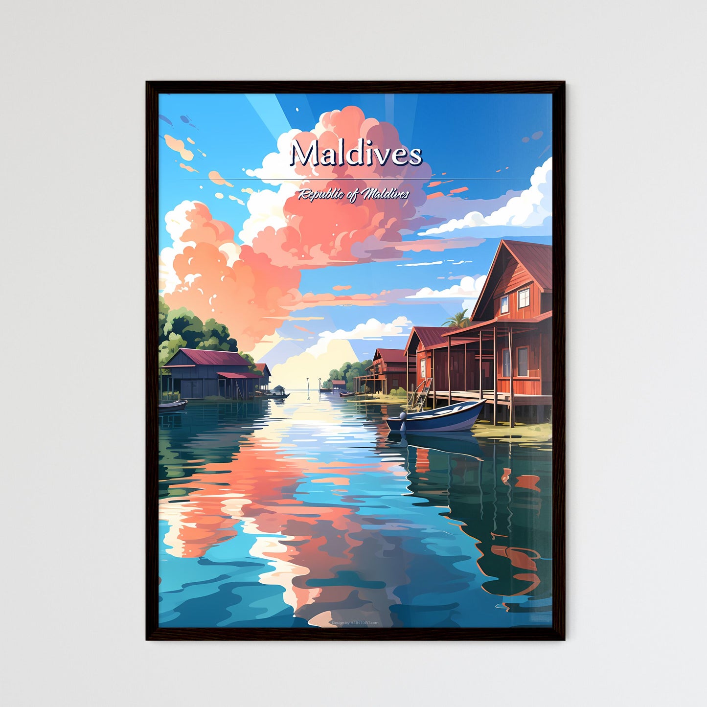 Maldives, Republic of Maldives - Art print of a row of houses on a river Framed Art