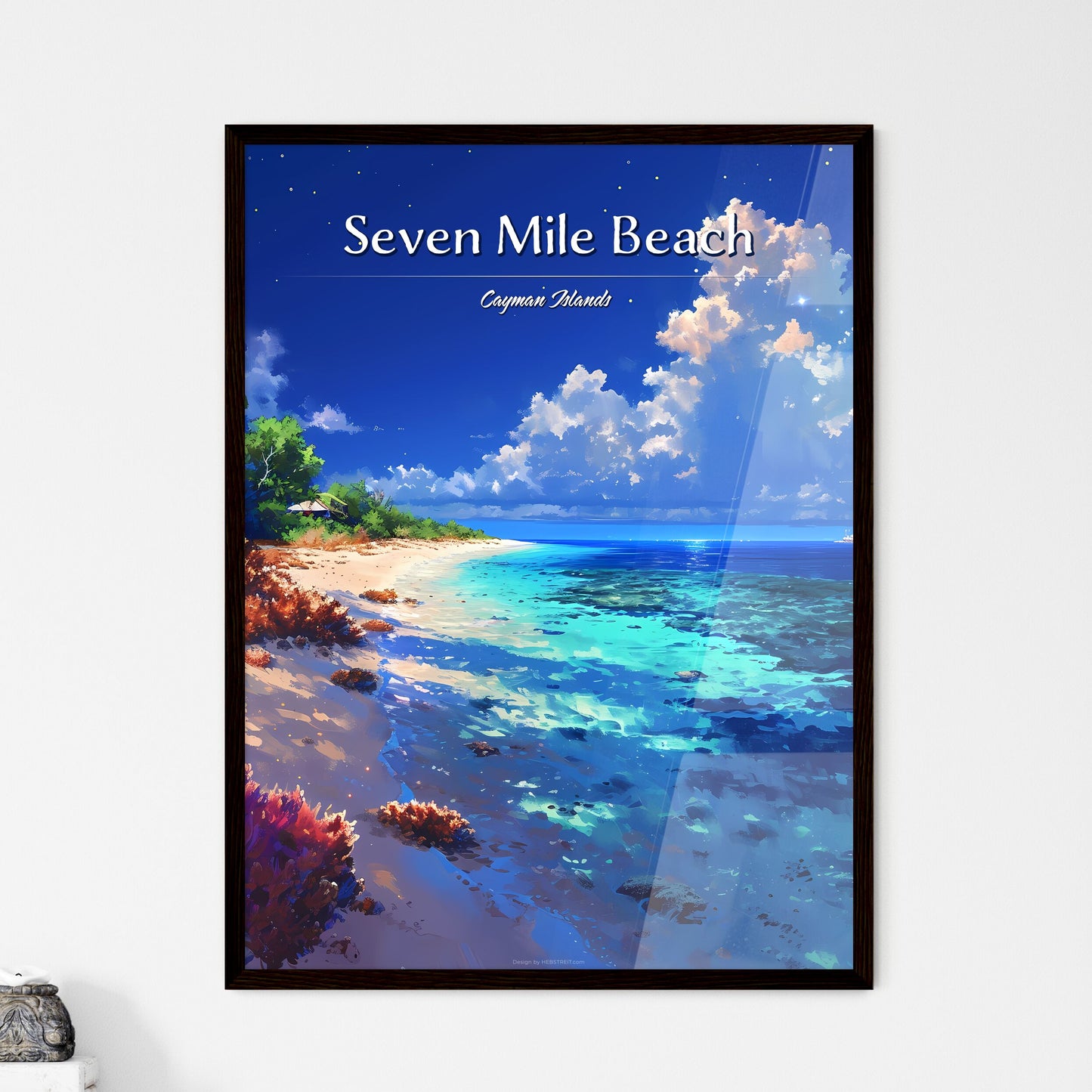 Seven Mile Beach, Cayman Islands - Art print of a beach with trees and blue water Default Title