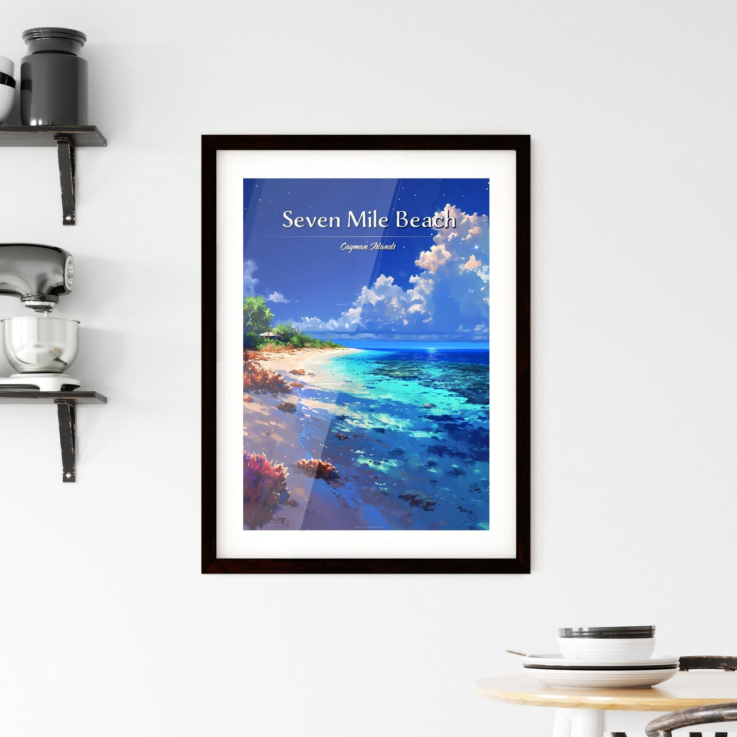 Seven Mile Beach, Cayman Islands - Art print of a beach with trees and blue water Default Title