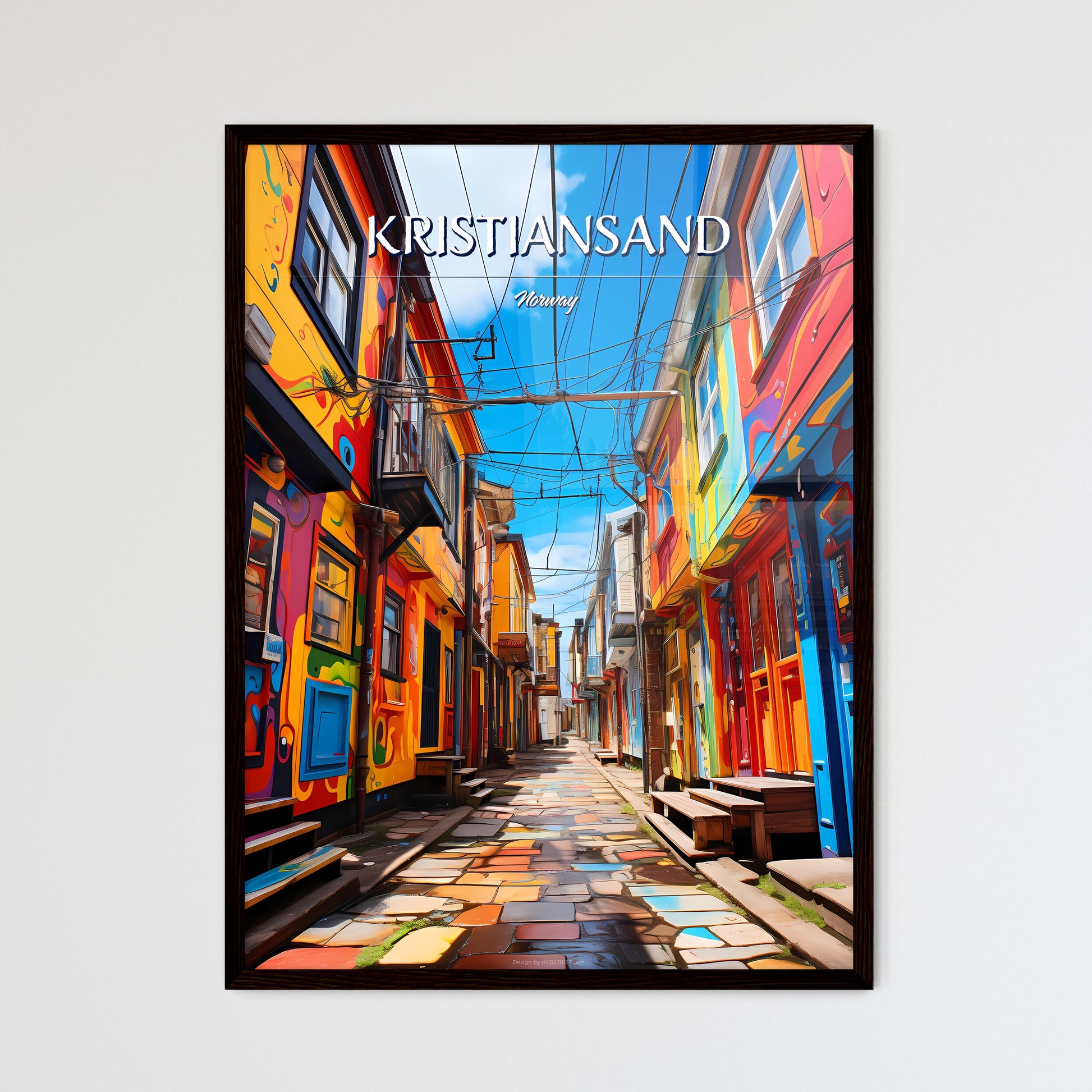 Kristiansand, Norway - Art print of a colorful alleyway with many buildings Framed Art
