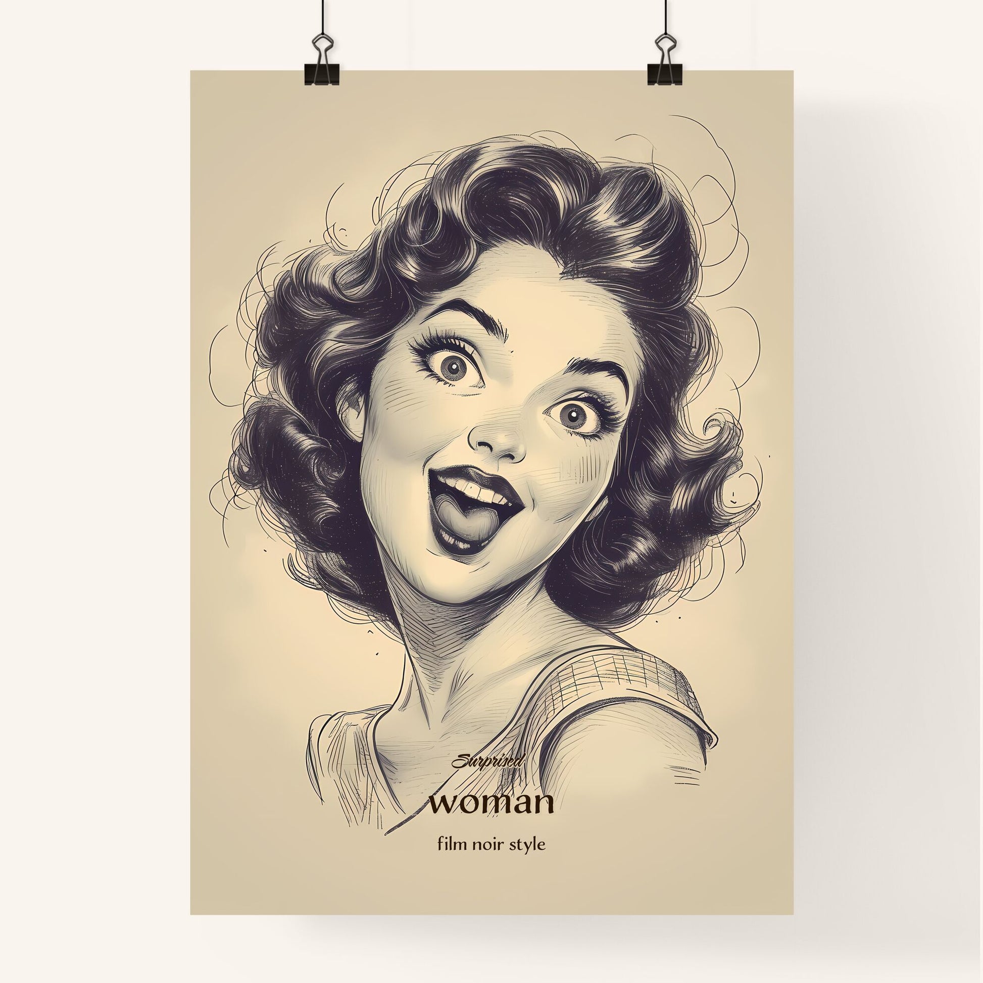 Surprised, woman, film noir style, A Poster of a woman with her mouth open Default Title