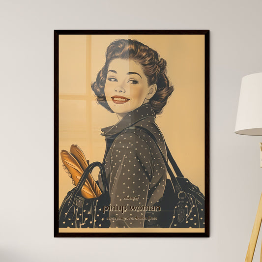 charming, pinup woman, sweeping overdrawn lines, A Poster of a woman with a bag and a bag of bread Default Title