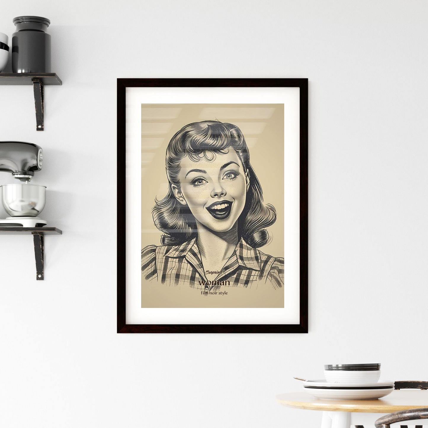Surprised, woman, film noir style, A Poster of a woman with a smile Default Title