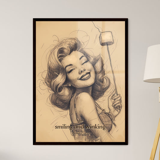 nurse, smiling and winking, shoulder view, A Poster of a drawing of a woman holding a marshmallow on a stick Default Title
