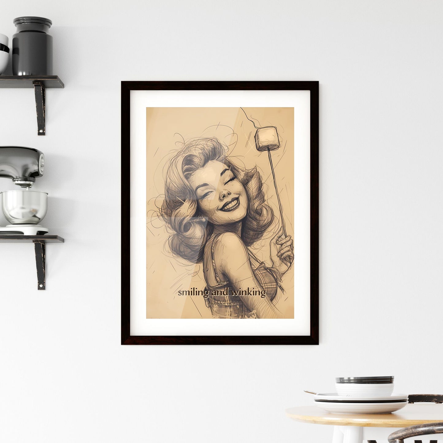 nurse, smiling and winking, shoulder view, A Poster of a drawing of a woman holding a marshmallow on a stick Default Title