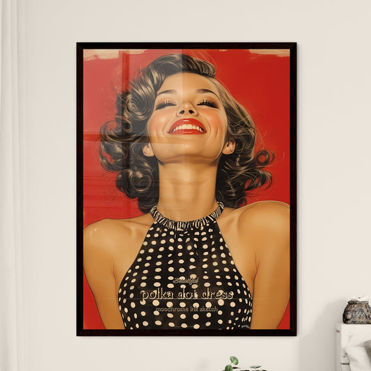 Beautiful, polka dot dress, moochrome ink sketch, A Poster of a woman with curly hair and red lipstick smiling Default Title