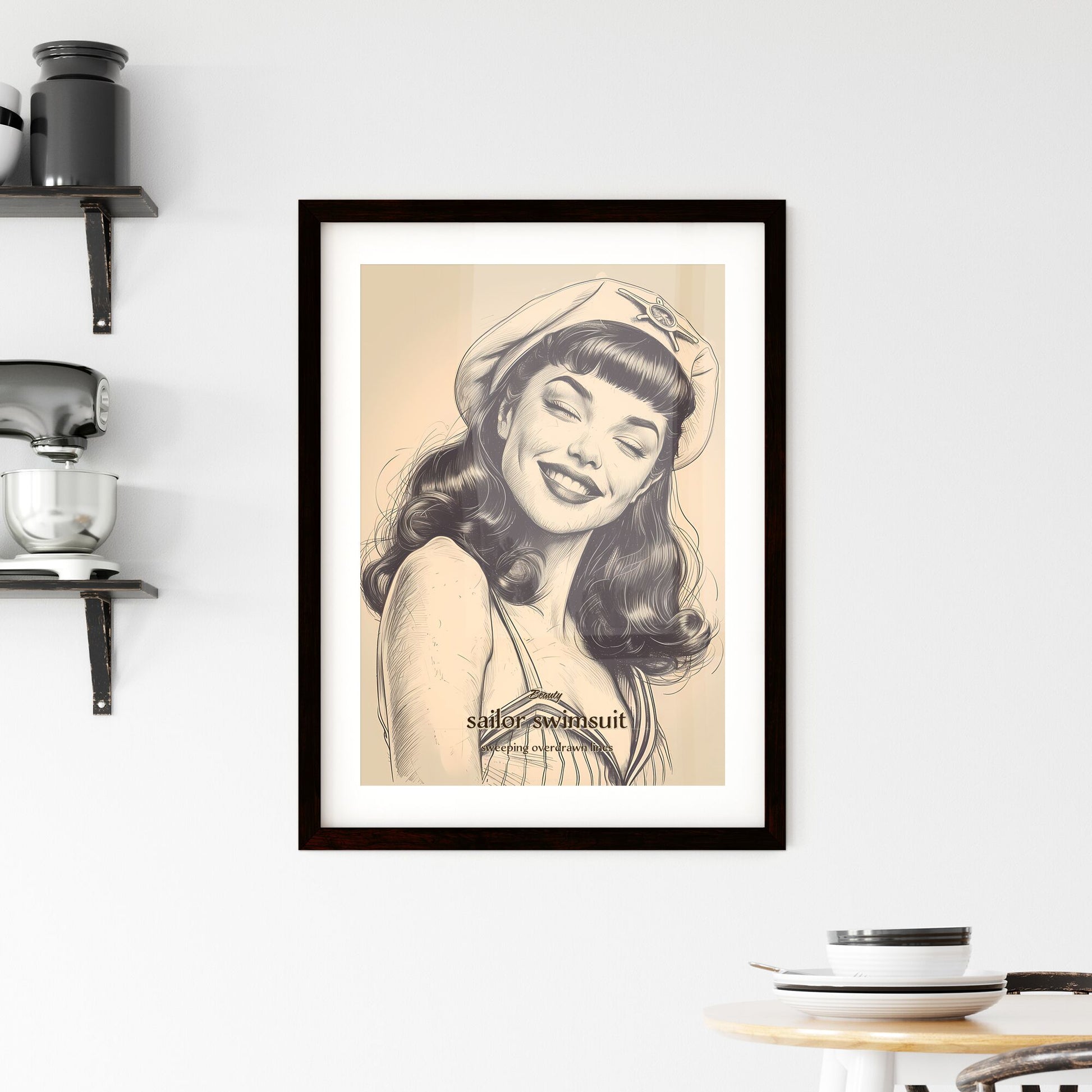Beauty, sailor swimsuit, sweeping overdrawn lines, A Poster of a woman with long hair wearing a hat and dress Default Title