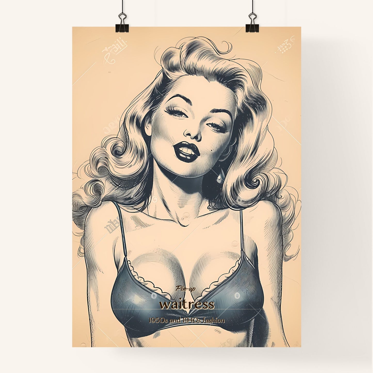 Pin-up, waitress, 1950's and 1940s fashion, A Poster of a woman with long hair wearing a garment Default Title