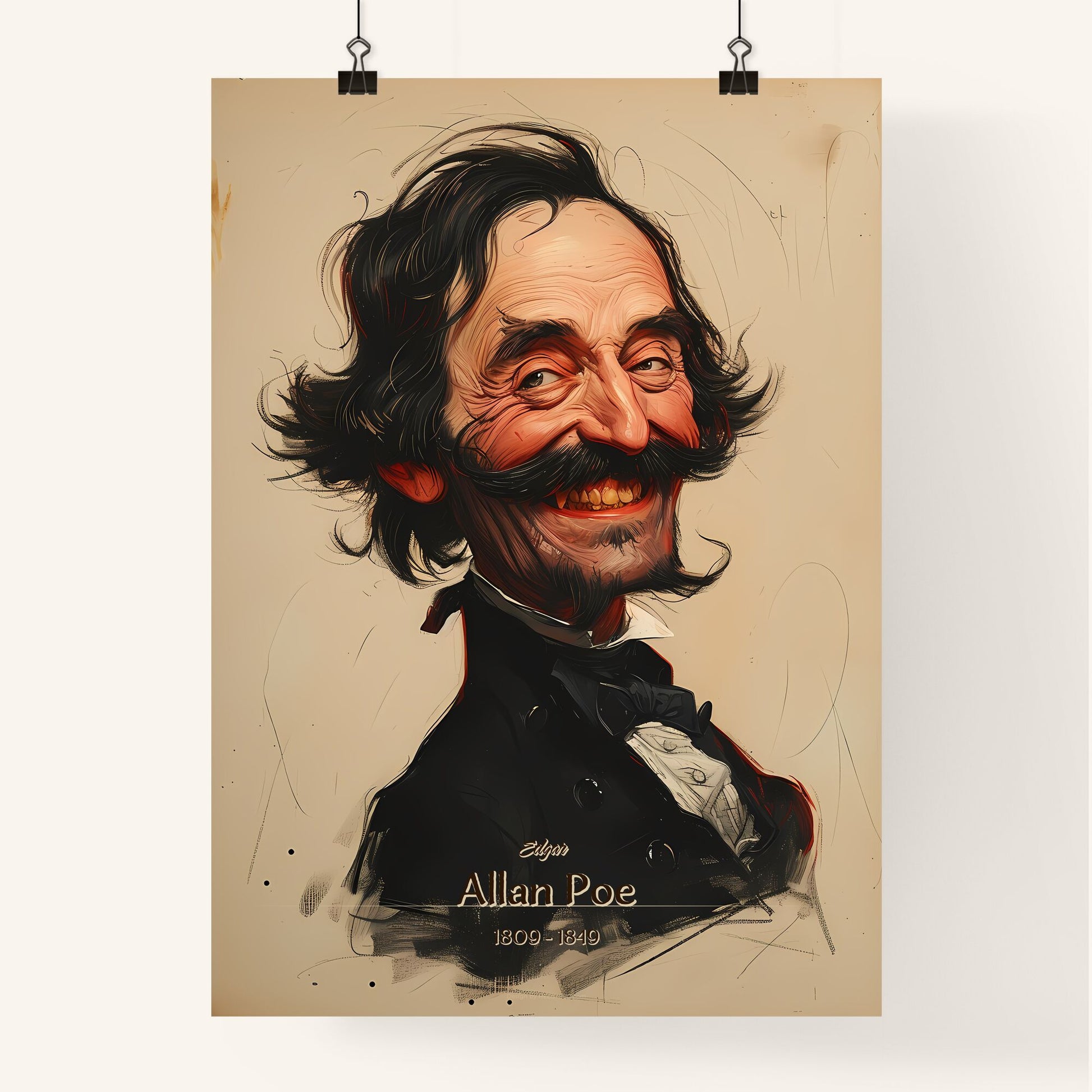 Edgar, Allan Poe, 1809 - 1849, A Poster of a cartoon of a man with a mustache Default Title
