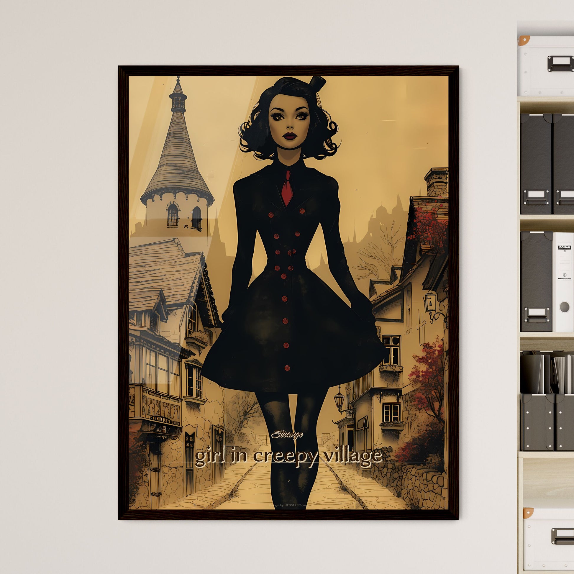 Strange, girl in creepy village, A Poster of a woman in a black coat walking down a street Framed Art