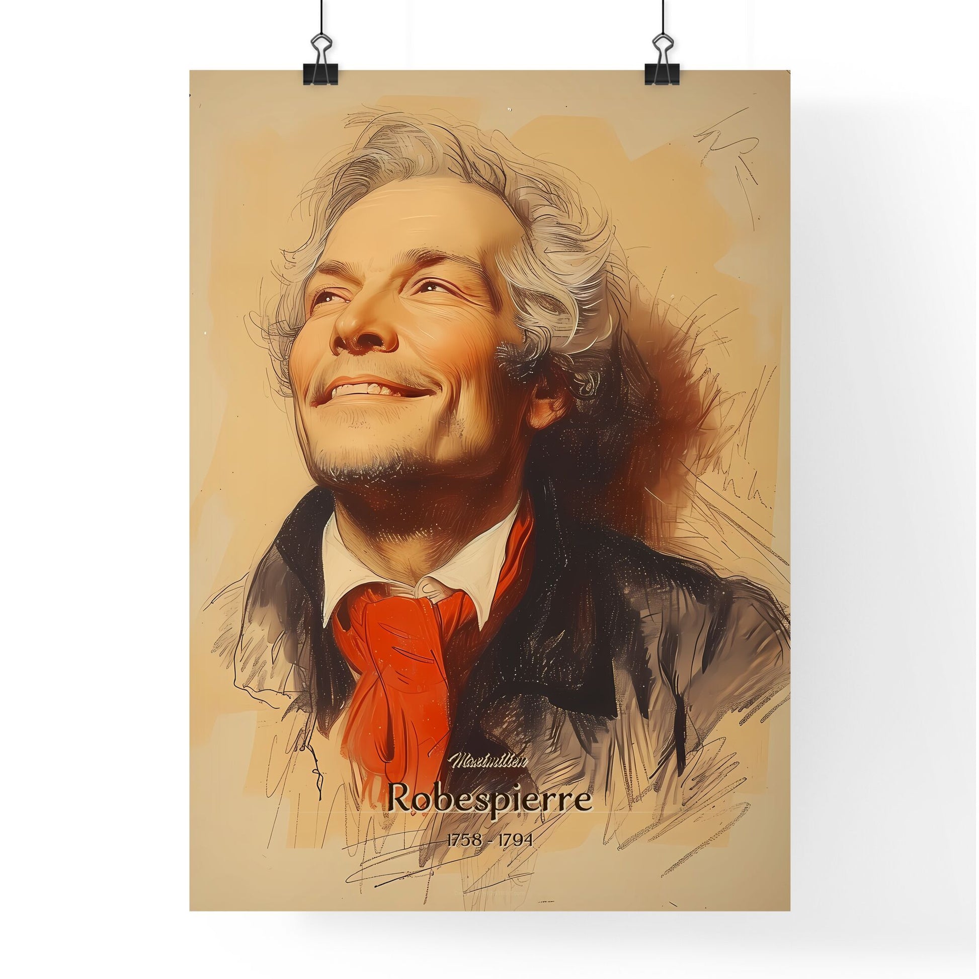 Maximilien, Robespierre, 1758 - 1794, A Poster of a man with white hair and a red scarf looking up Default Title