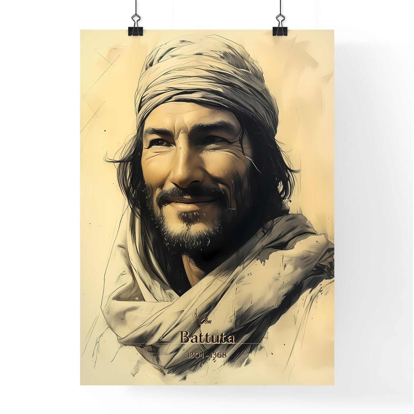 Ibn, Battuta, 1304 - 1368, A Poster of a man with a beard and a scarf Default Title
