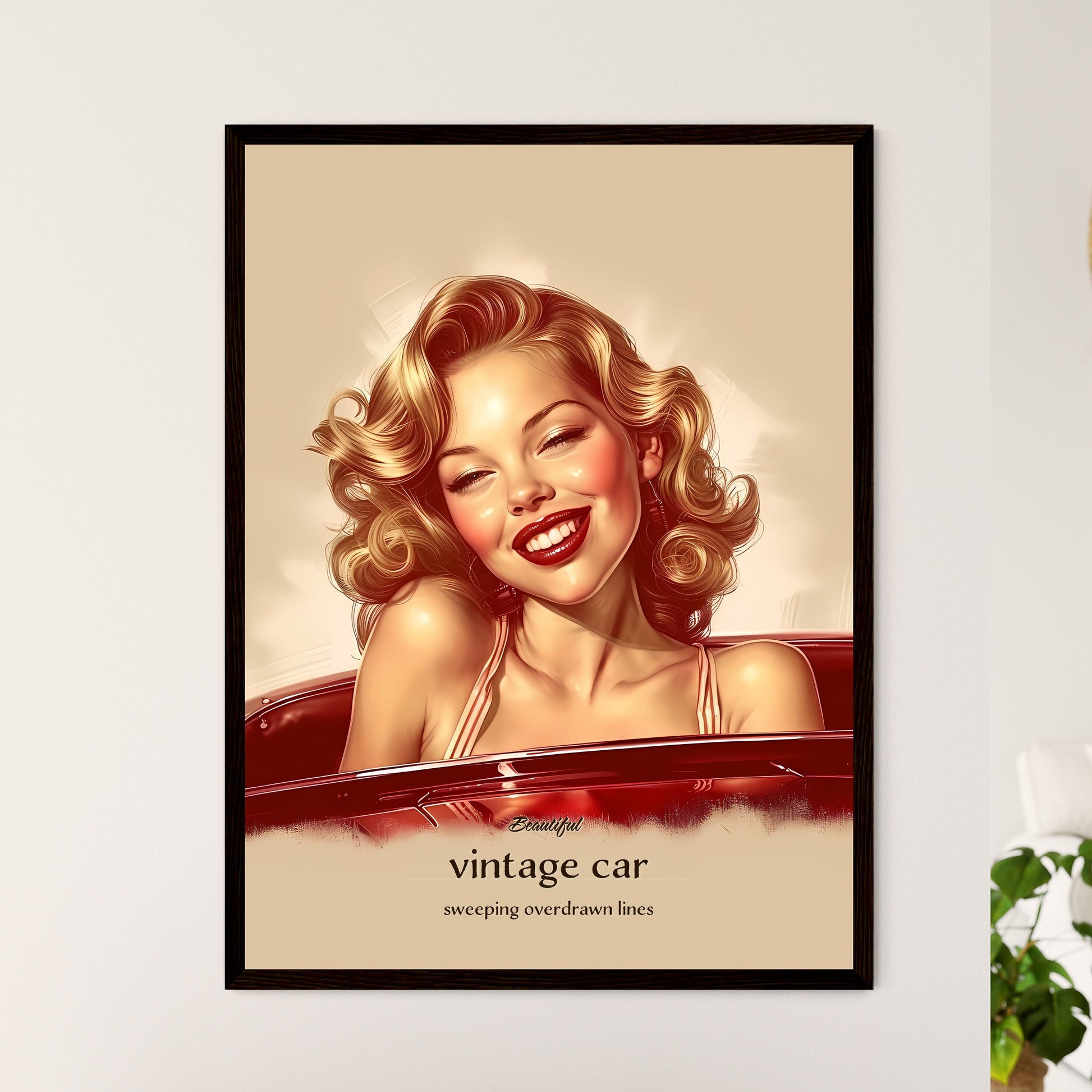 Beautiful, vintage car, sweeping overdrawn lines, A Poster of a woman smiling in a car Default Title