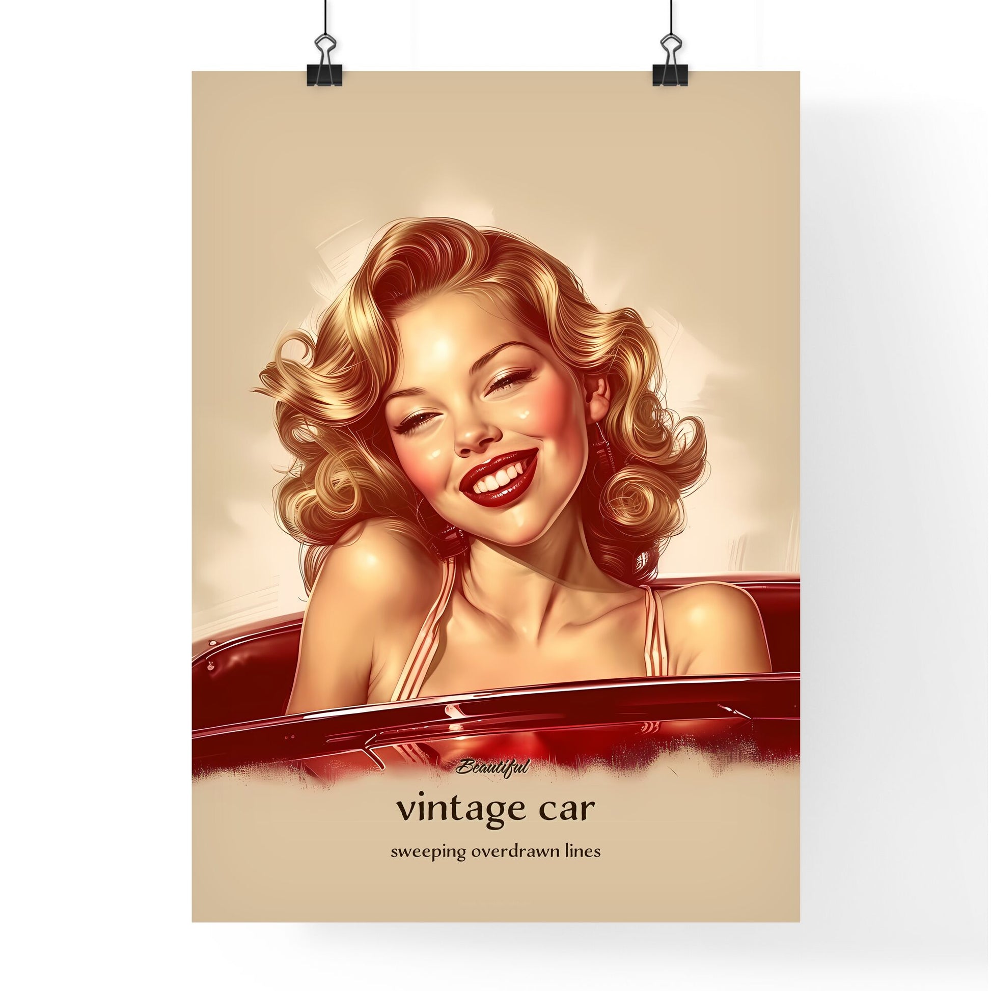 Beautiful, vintage car, sweeping overdrawn lines, A Poster of a woman smiling in a car Default Title