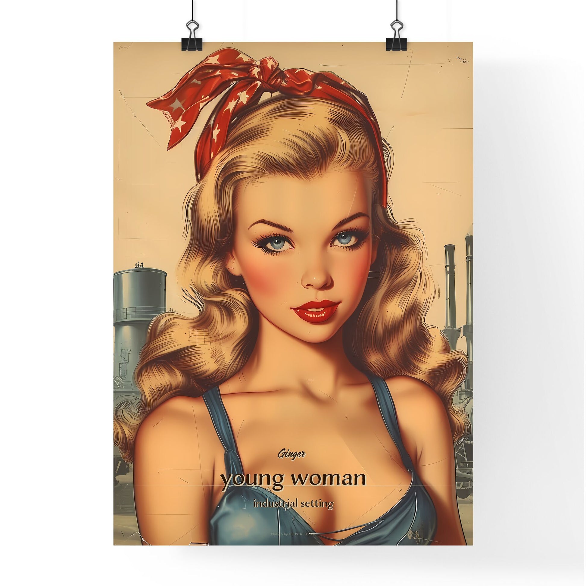 Ginger, young woman, industrial setting, A Poster of a woman with a red bow on her head Default Title