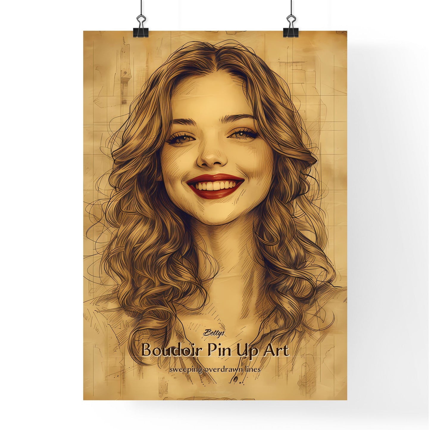 Bettys, Boudoir Pin Up Art, sweeping overdrawn lines, A Poster of a woman with long curly hair smiling Default Title
